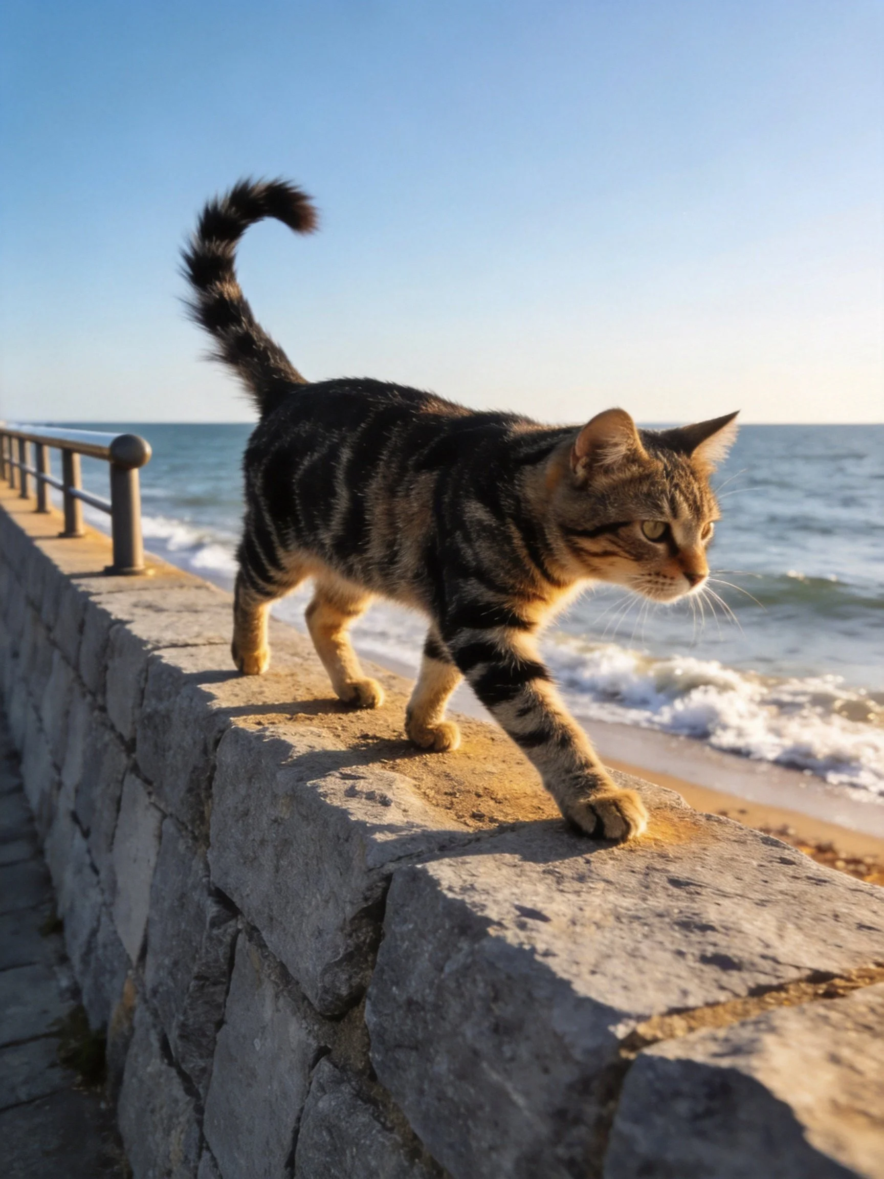 A tabby cat walks along a stone seawall by the ocean.