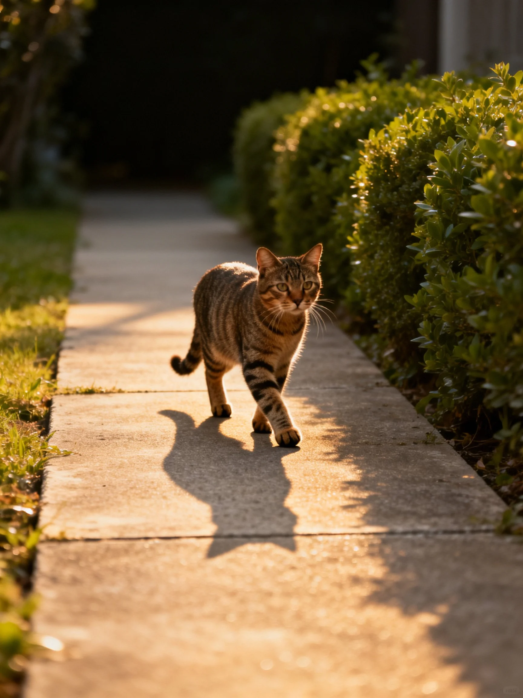 A tabby cat strolls down a sunlit concrete path near green shrubs