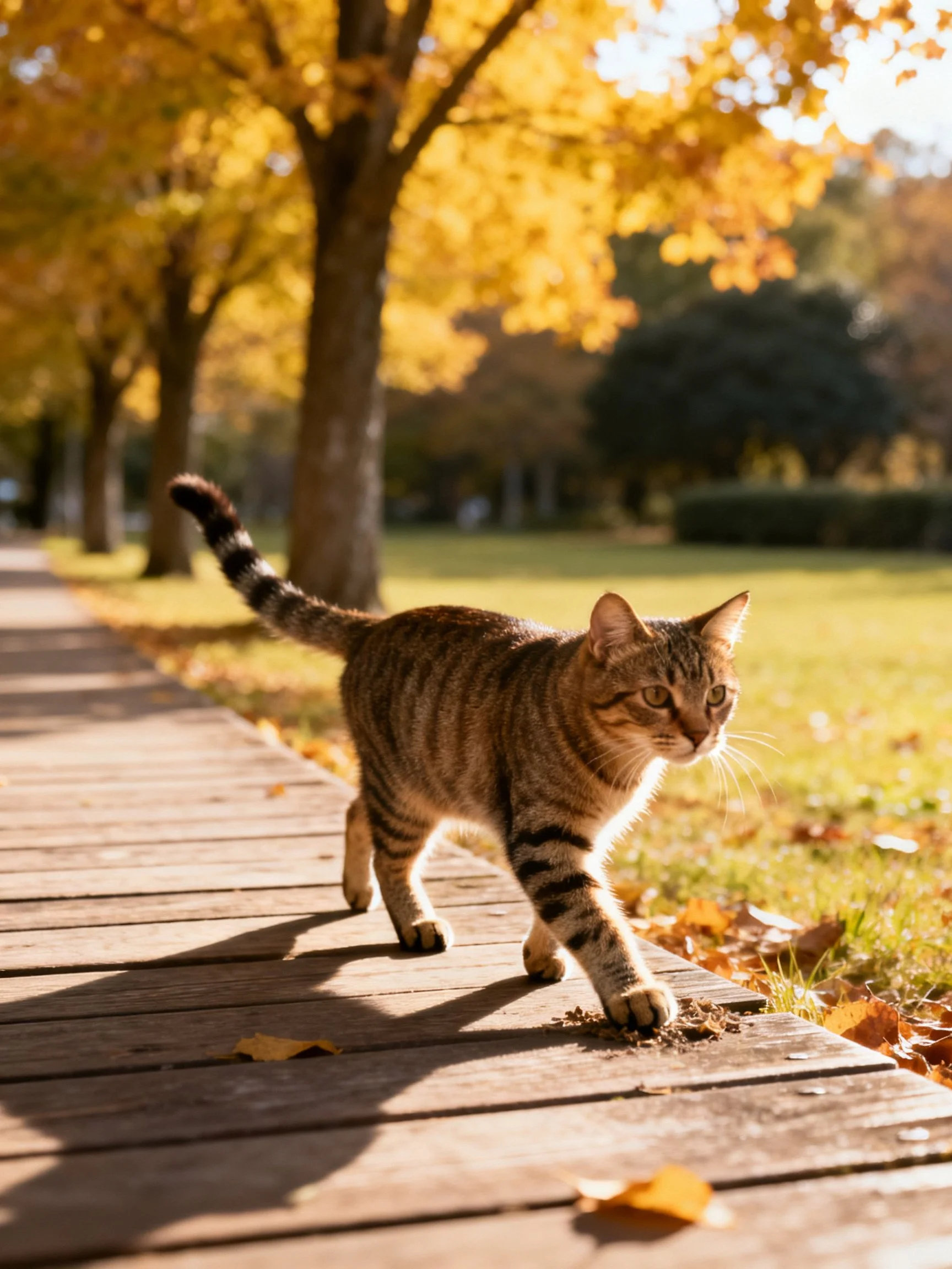 A tabby cat explores a sunlit park path with autumn scenery.