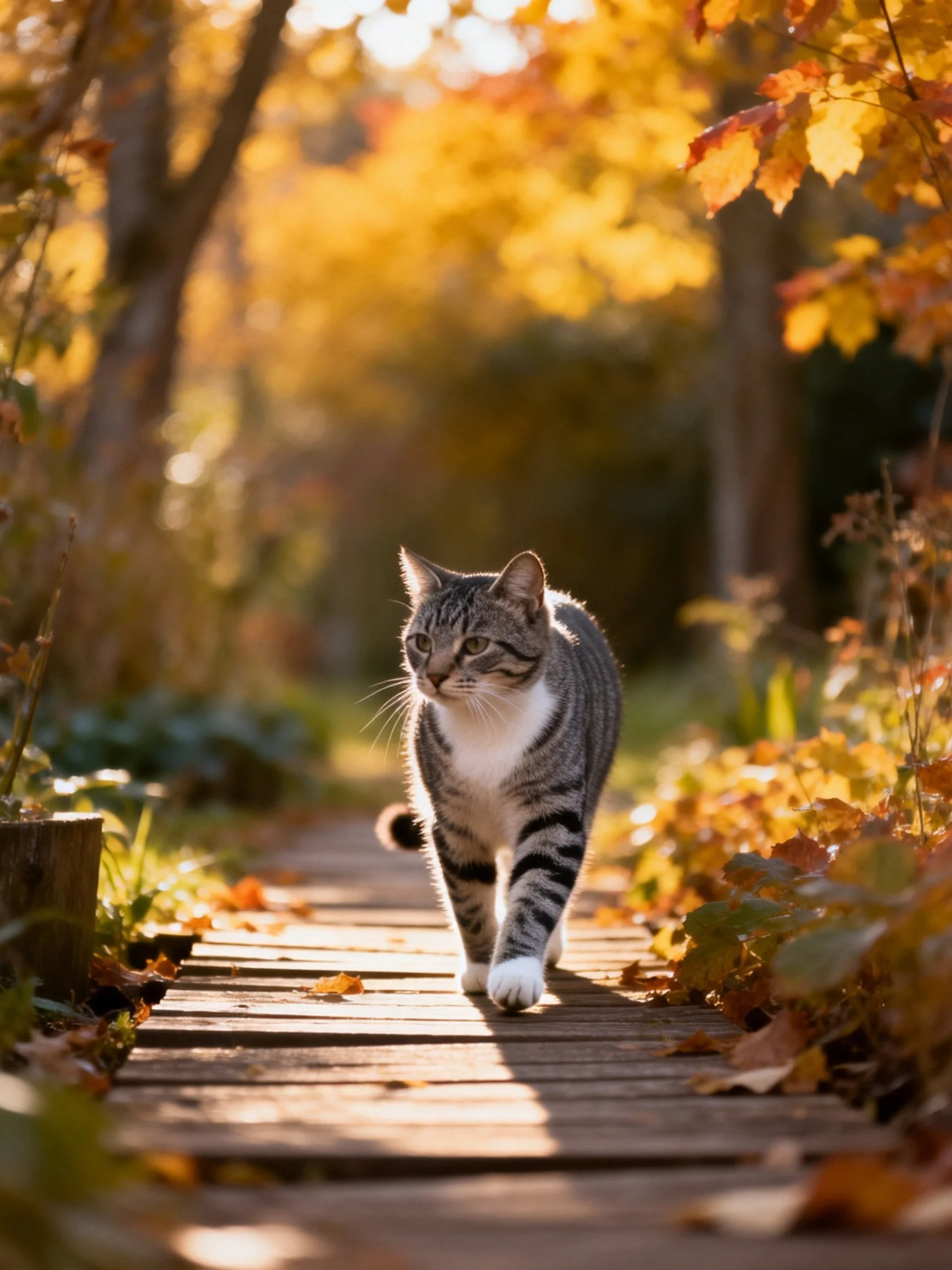 A tabby cat walks along a sunlit wooden path surrounded by autumn leaves.