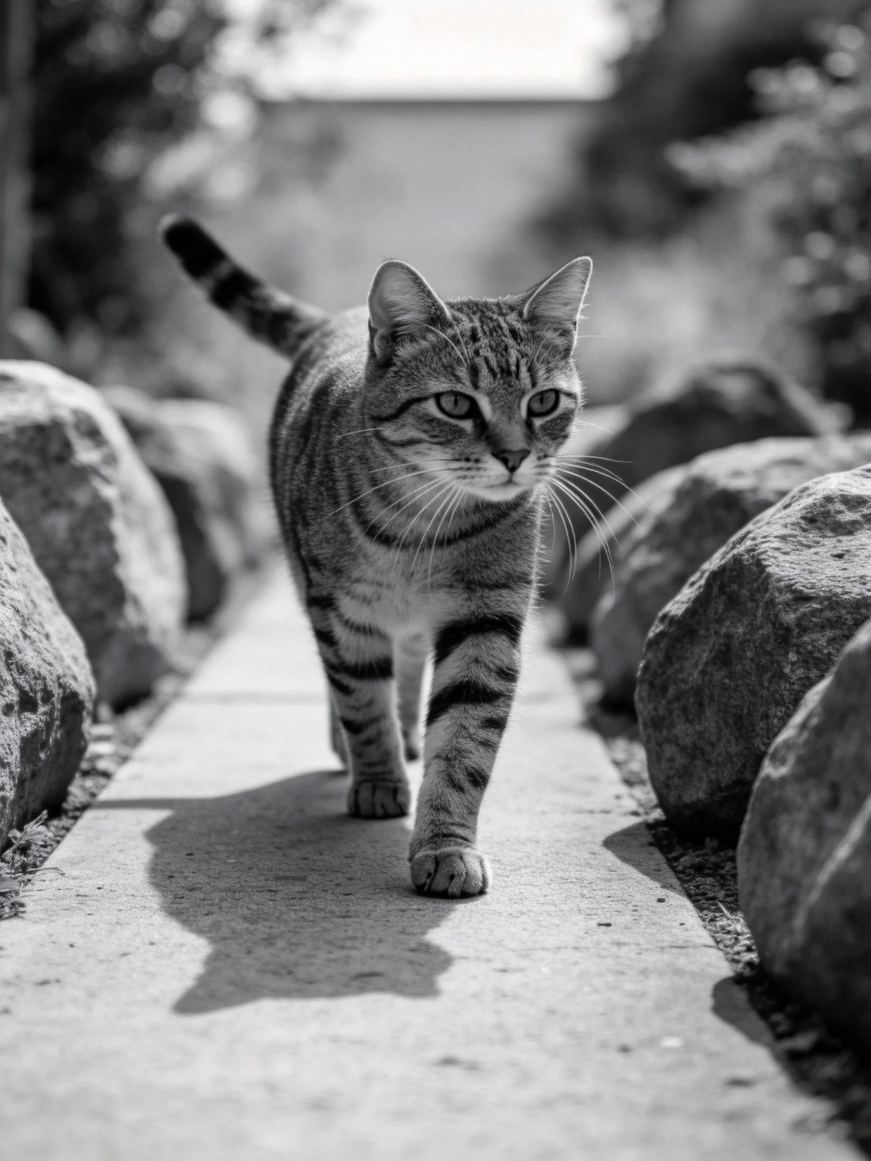 A tabby cat walks along a stone path bordered by large rocks.