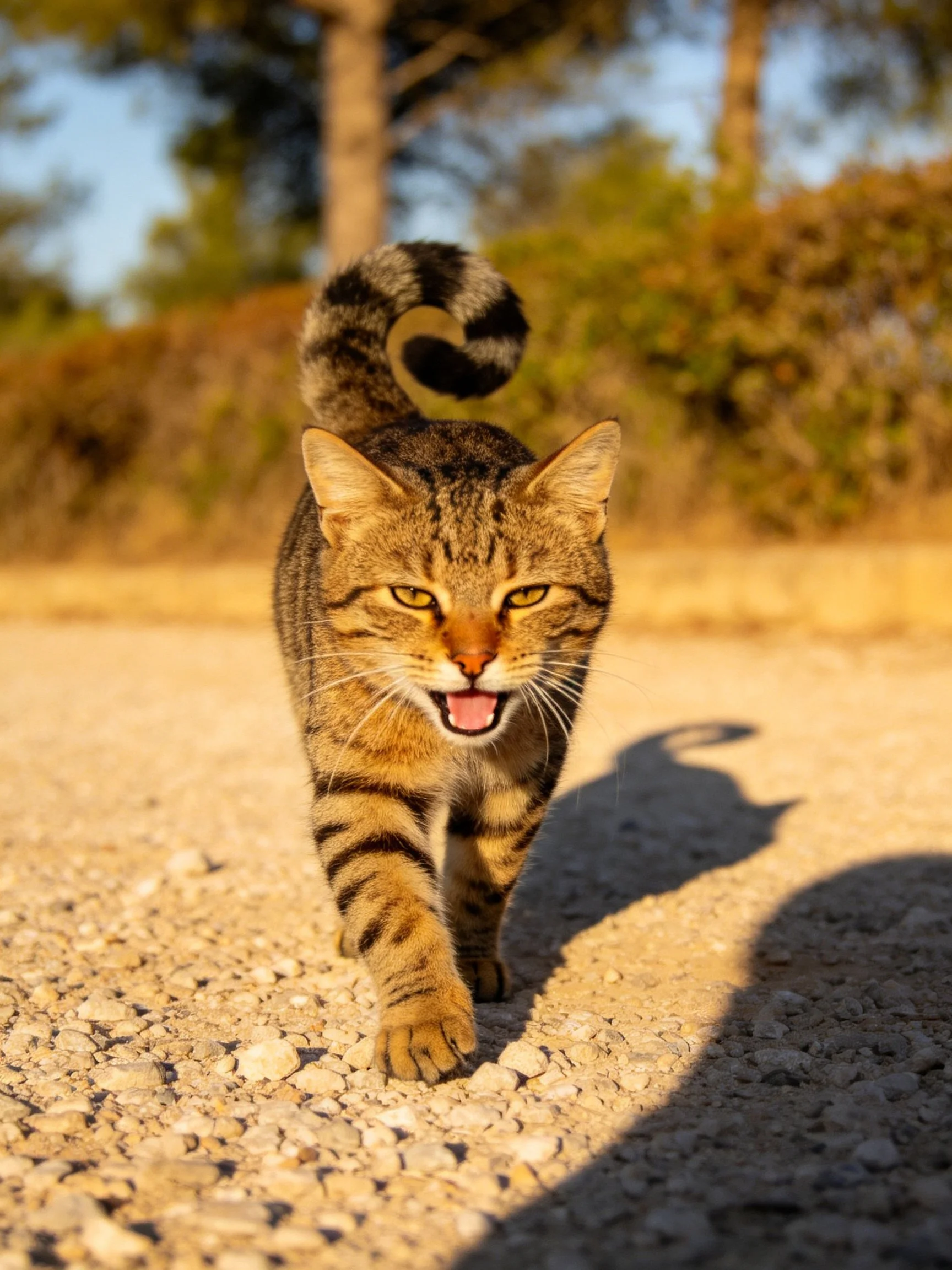 A tabby cat strides forward on a gravel path illuminated by golden sunlight.