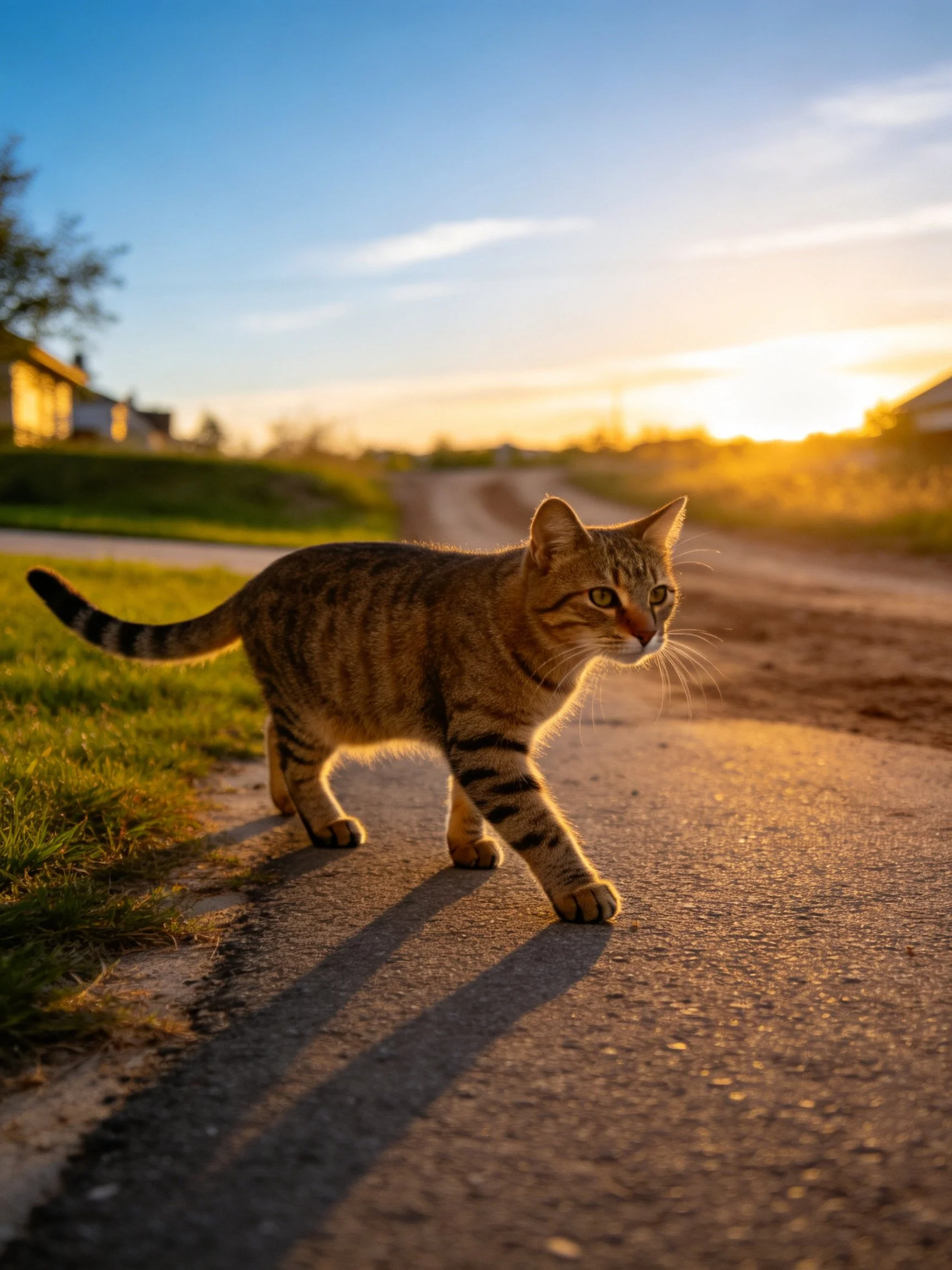 A tabby cat walks down a sunlit country road at sunset