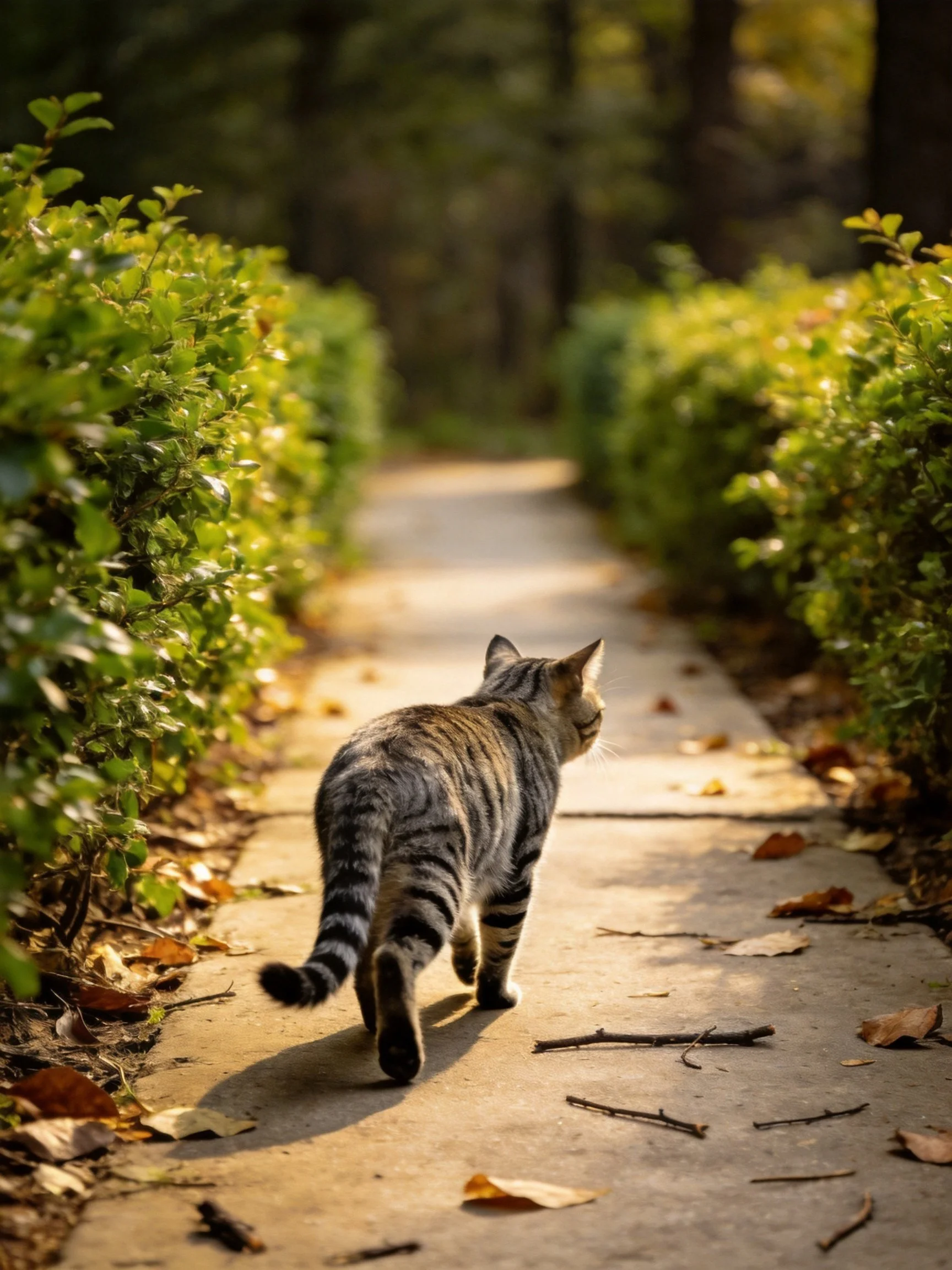 A tabby cat walks down a sunlit path between green hedges