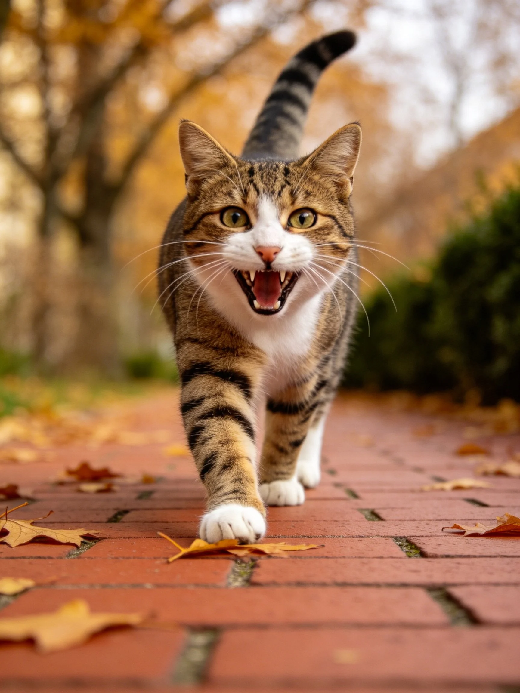 A tabby cat walks forward on a brick path amid autumn leaves