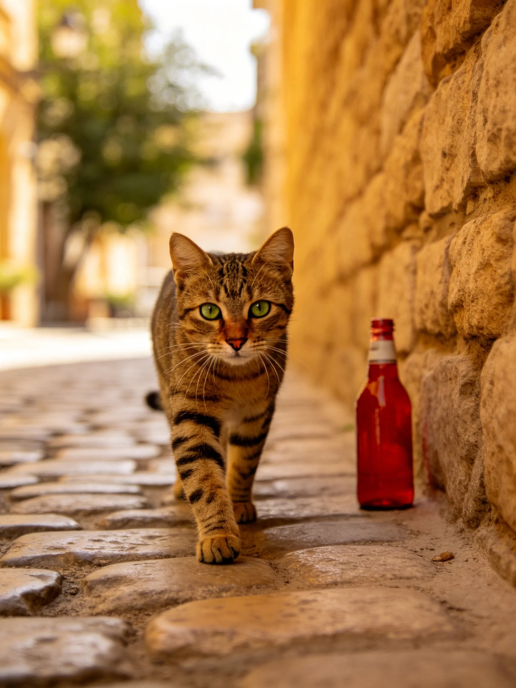 A tabby cat walks near a stone wall with a red bottle nearby