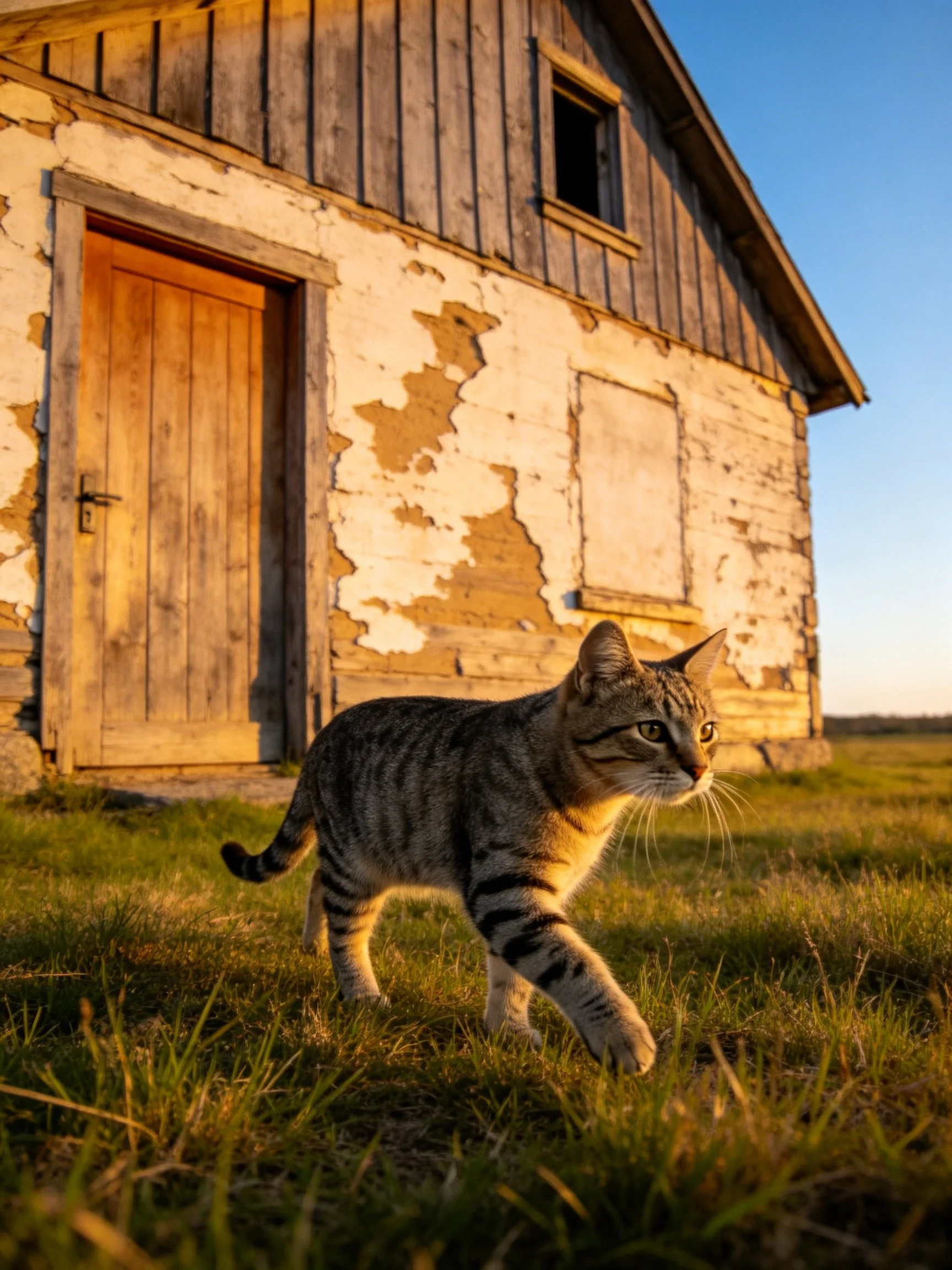 A tabby cat walks near an aged wooden barn with peeling white paint
