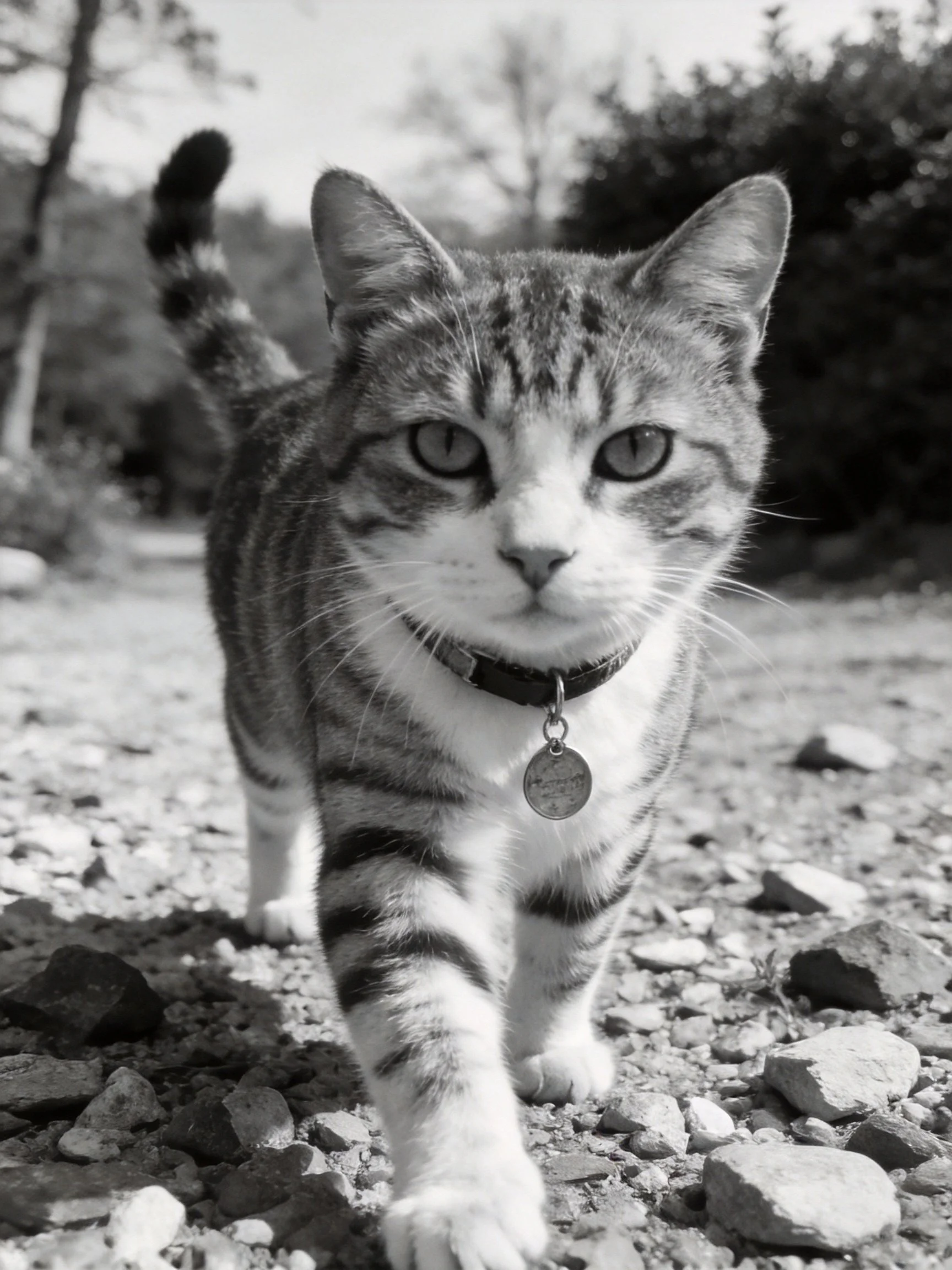 A tabby cat walks on a gravel path in black and white