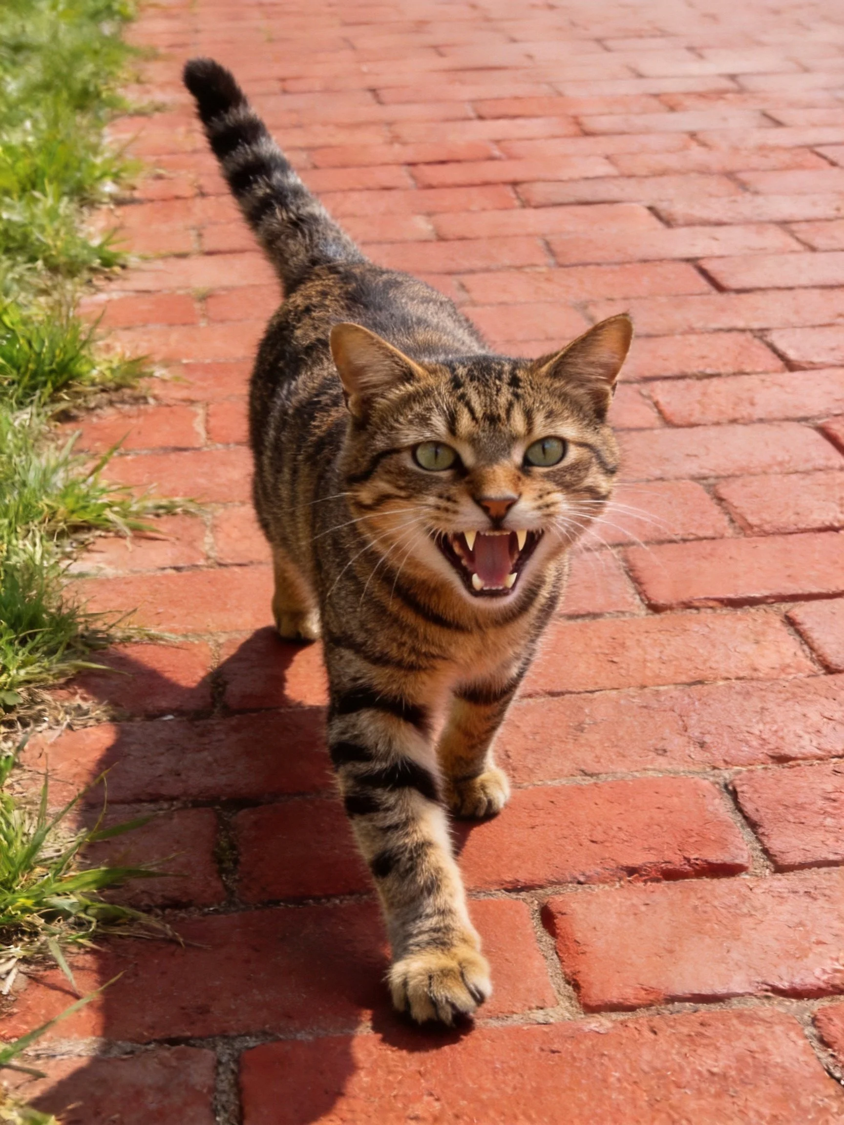 A tabby cat walks on a red brick path near greenery
