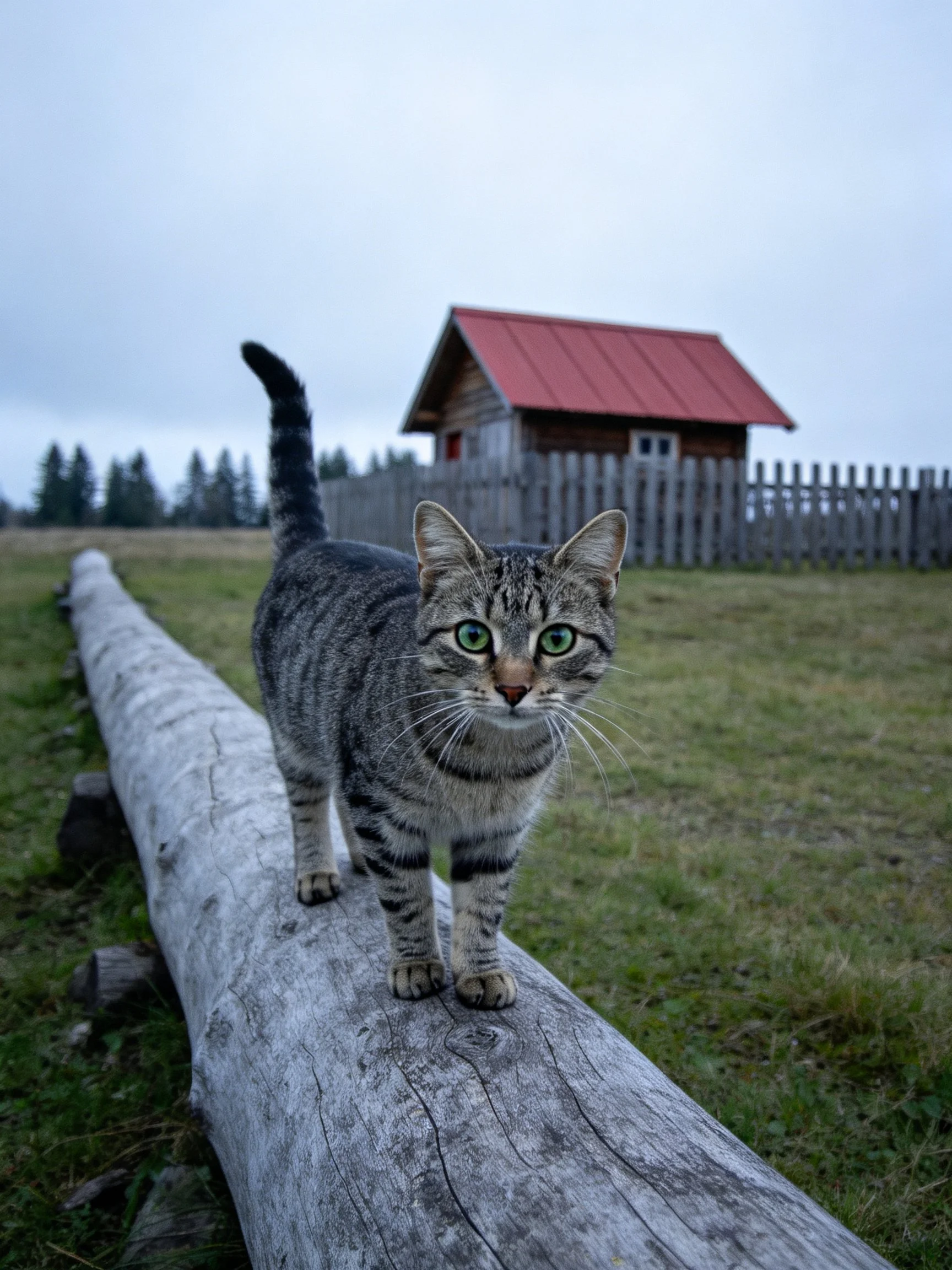 A tabby cat walks on a weathered log near a red-roofed cabin