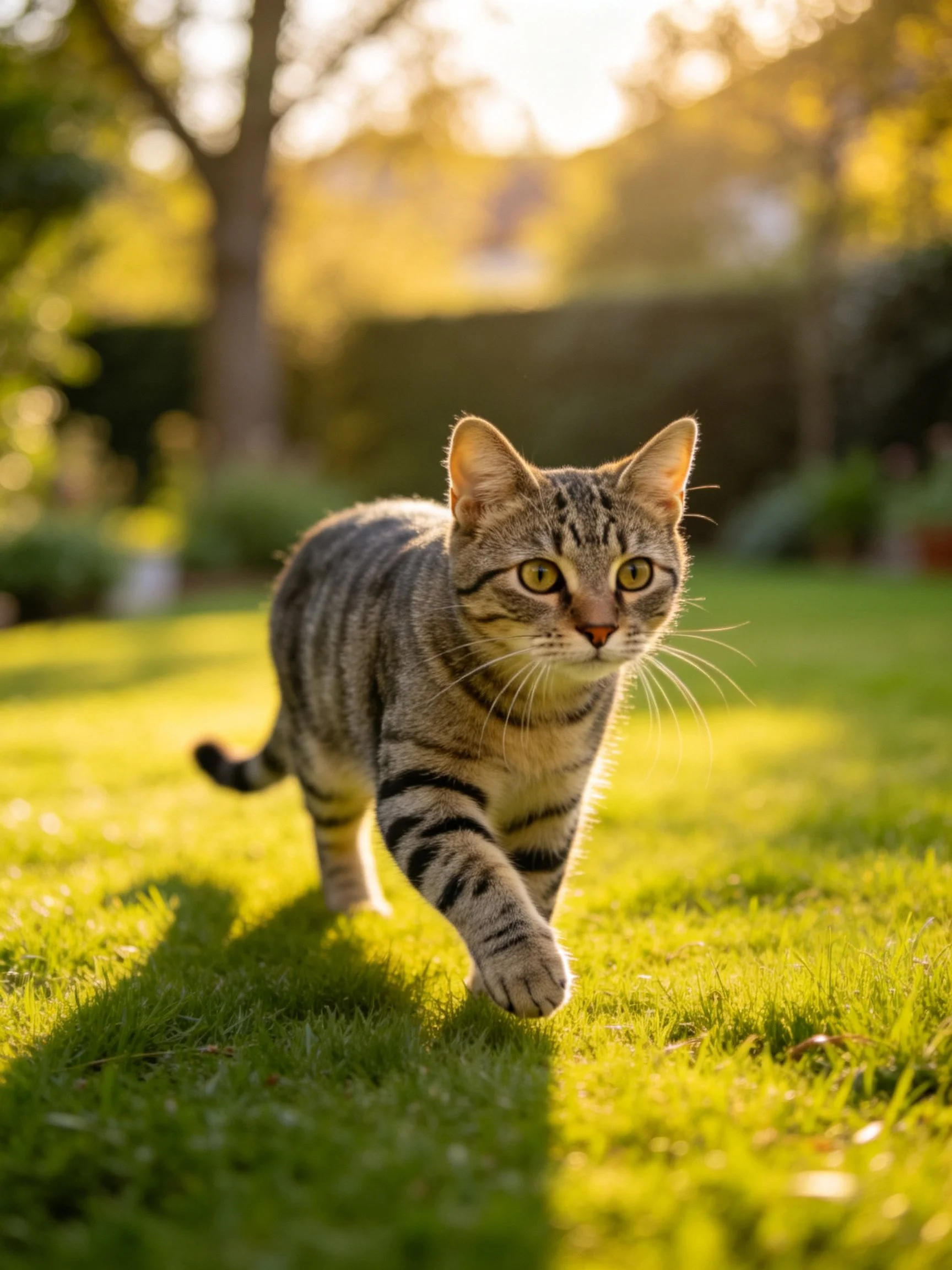A tabby cat moves forward on bright green grass in a sunlit garden setting.