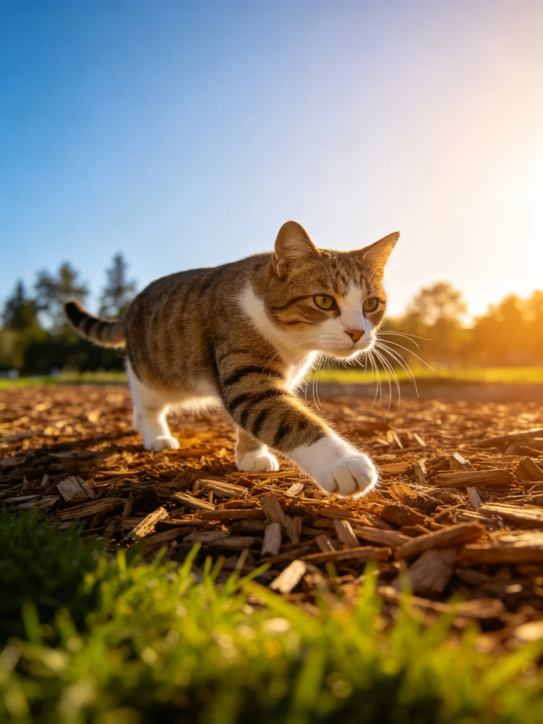 A tabby cat walks on wood chips under golden sunlight