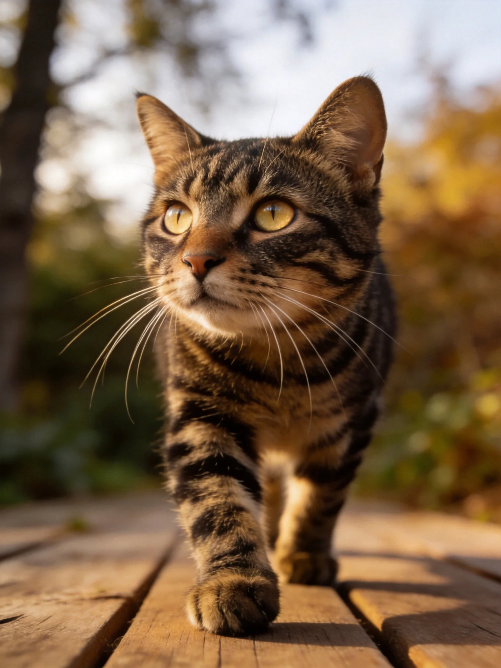 A tabby cat walks on wooden planks in a sunlit outdoor setting