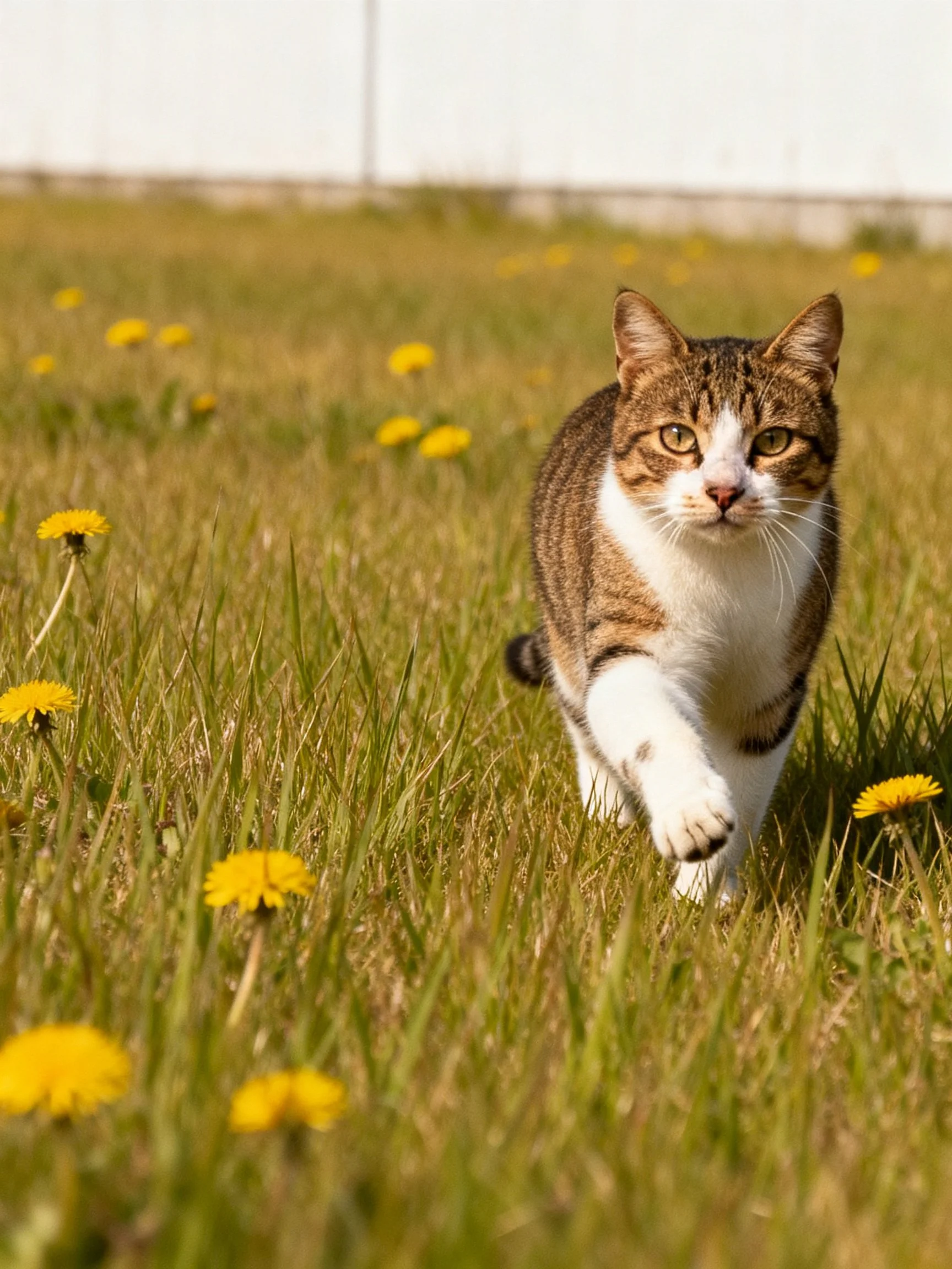 A tabby cat walks through a grassy field with yellow dandelions