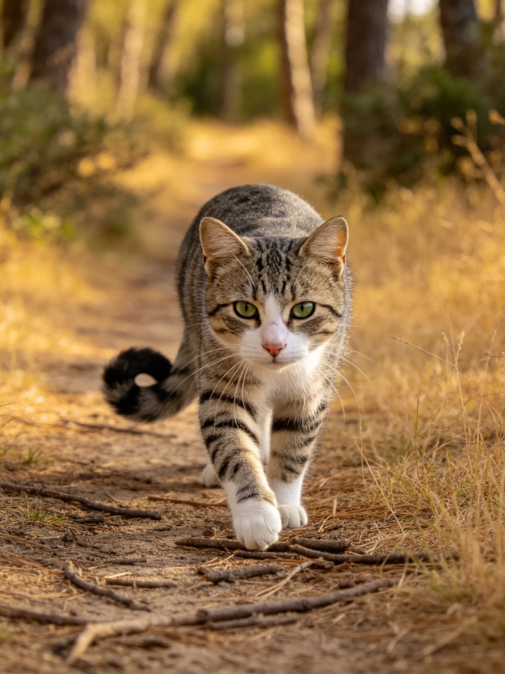 A tabby cat moves along a sunlit forest path amid dry plants and trees.