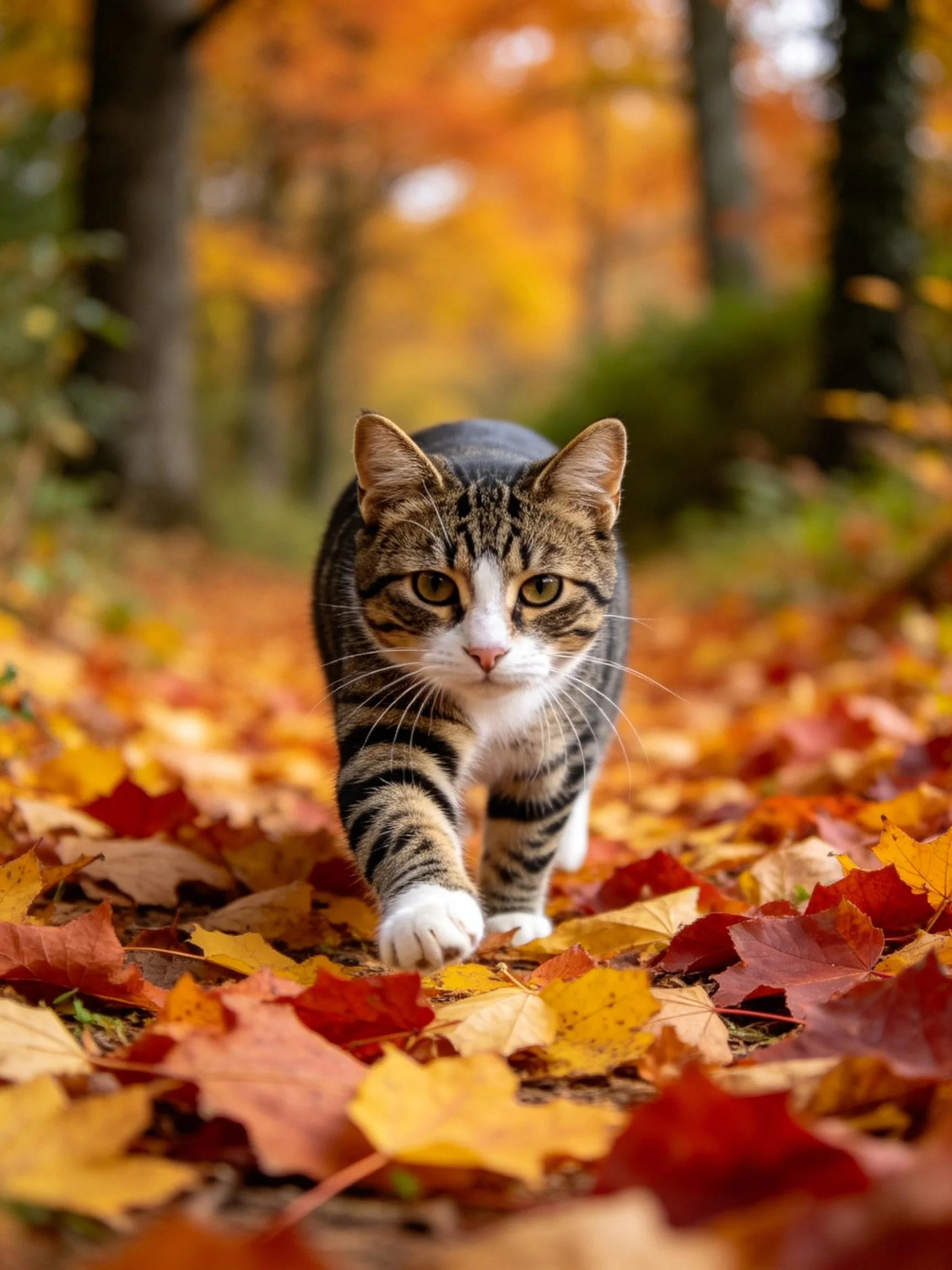 A tabby cat traverses a leaf-covered path in a forest with autumn foliage.