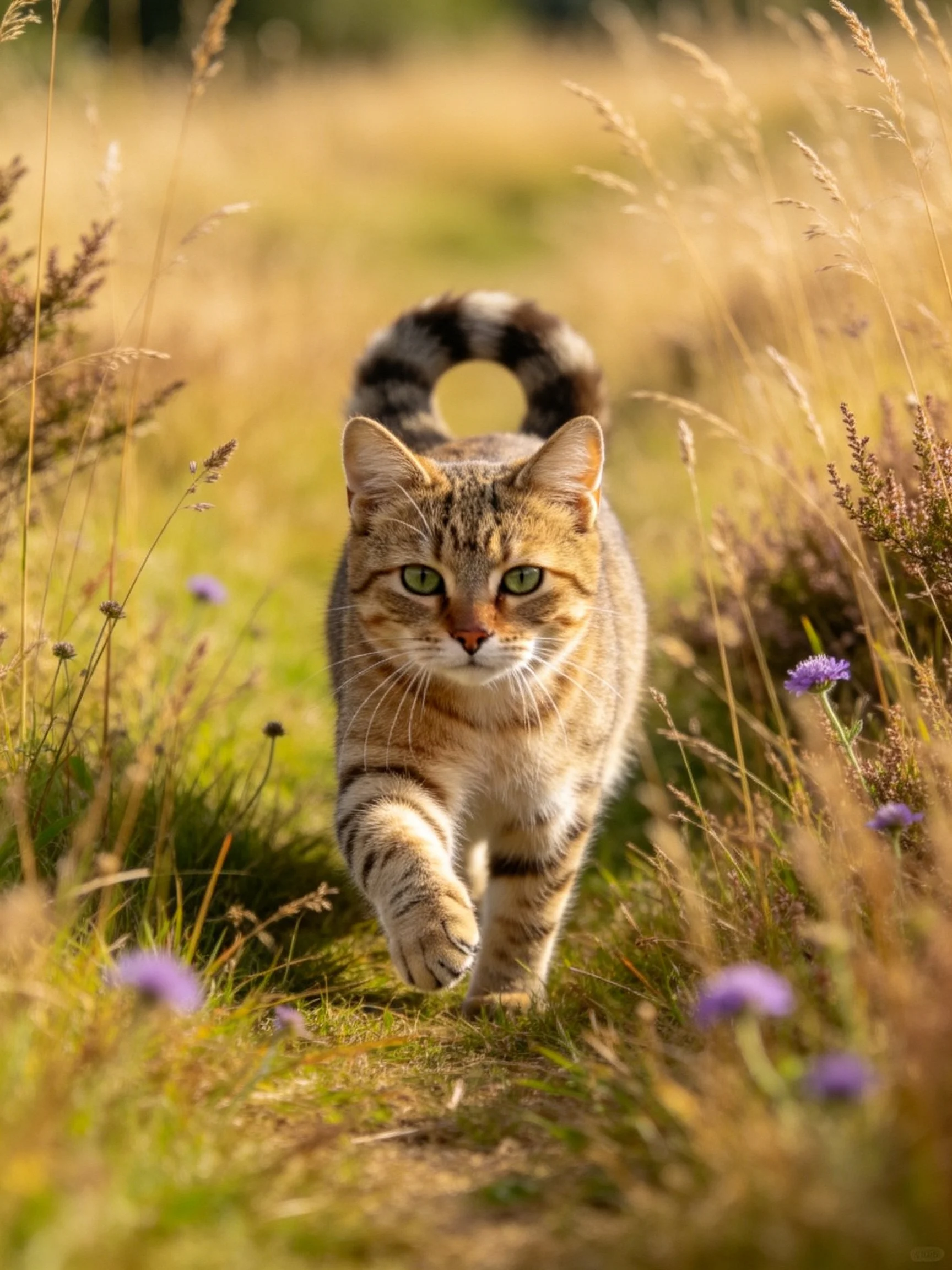A tabby cat moves through a sunlit meadow filled with tall grass and purple flowers.