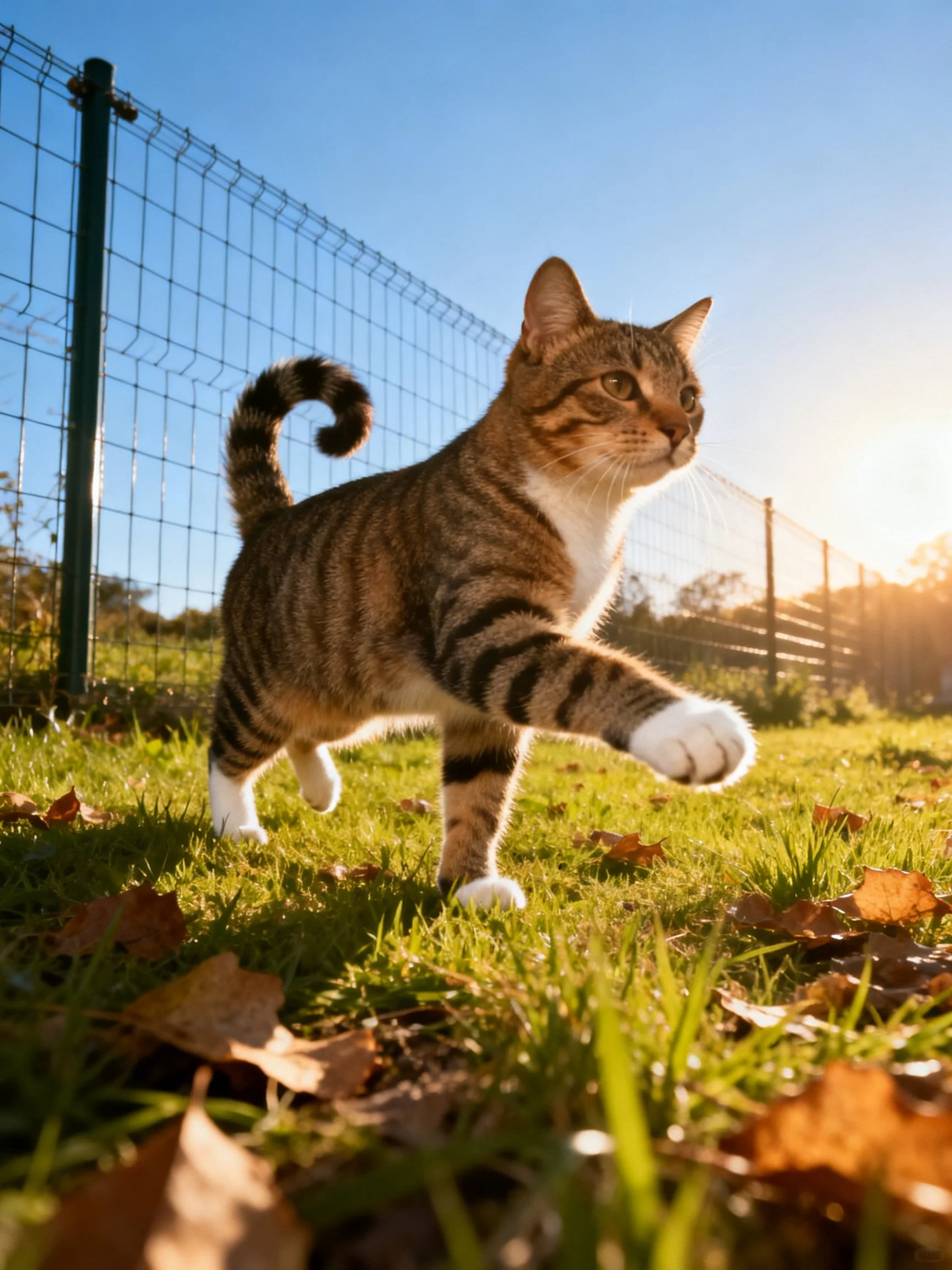 A tabby cat moves through a sunlit grassy area next to a wire fence.