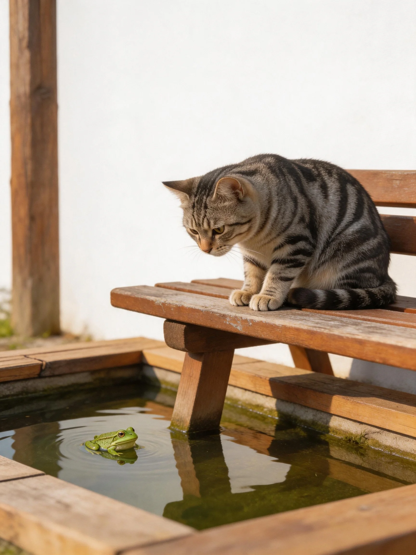 A tabby cat watches a green frog by a wooden water feature