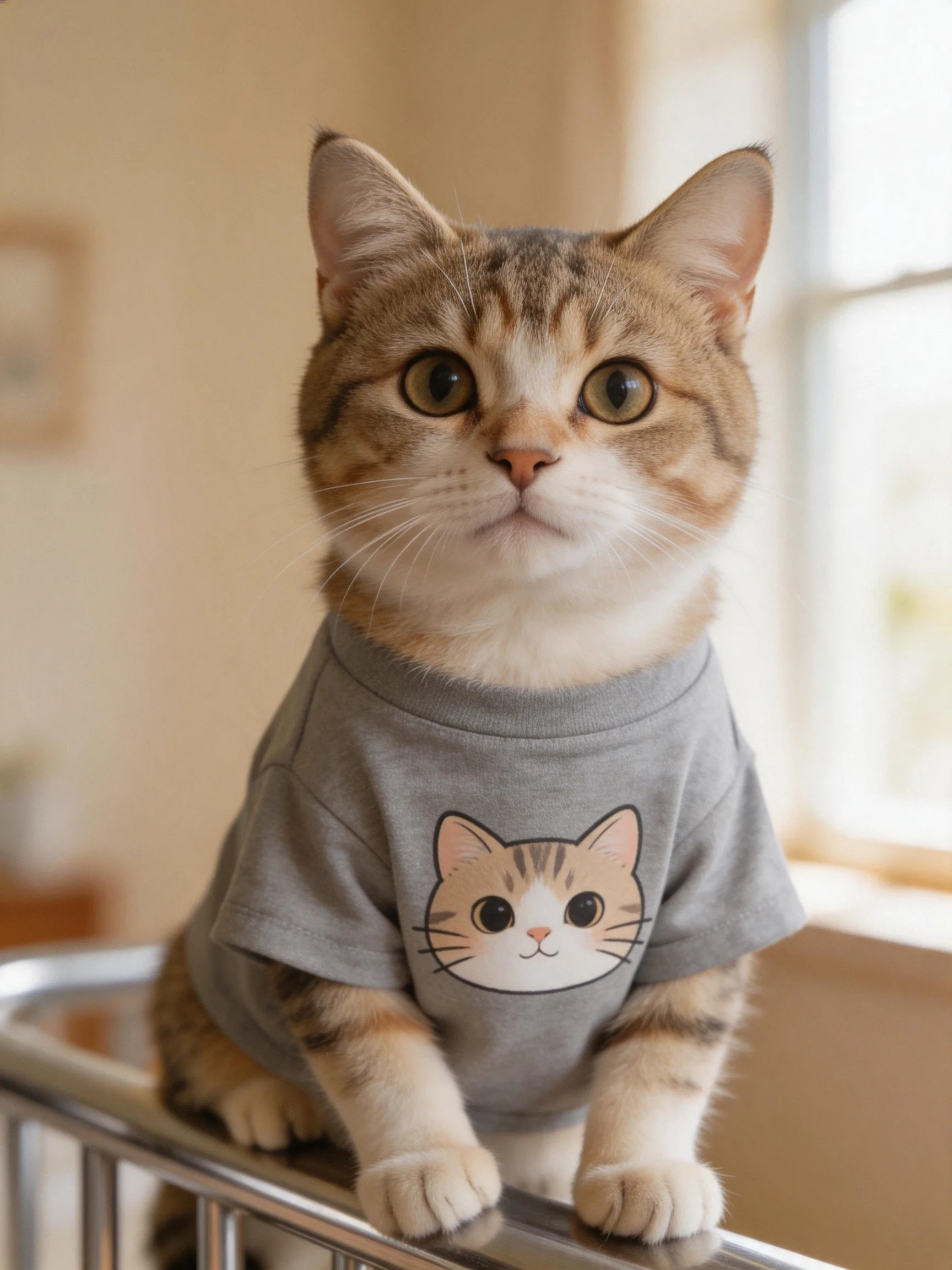 A tabby cat wearing a gray t-shirt with a cartoon cat face