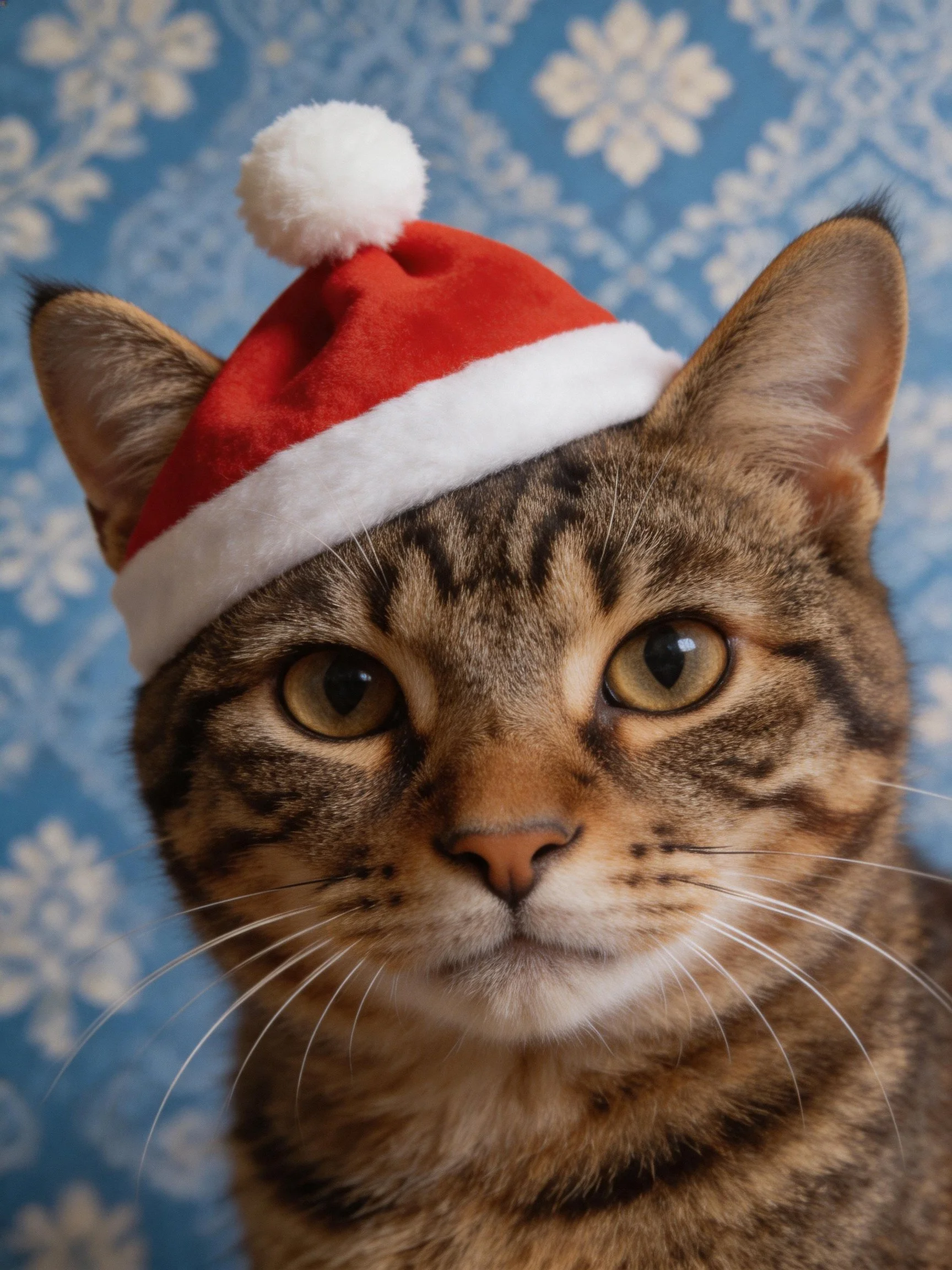 A tabby cat wearing a red Santa hat against a blue floral patterned wall