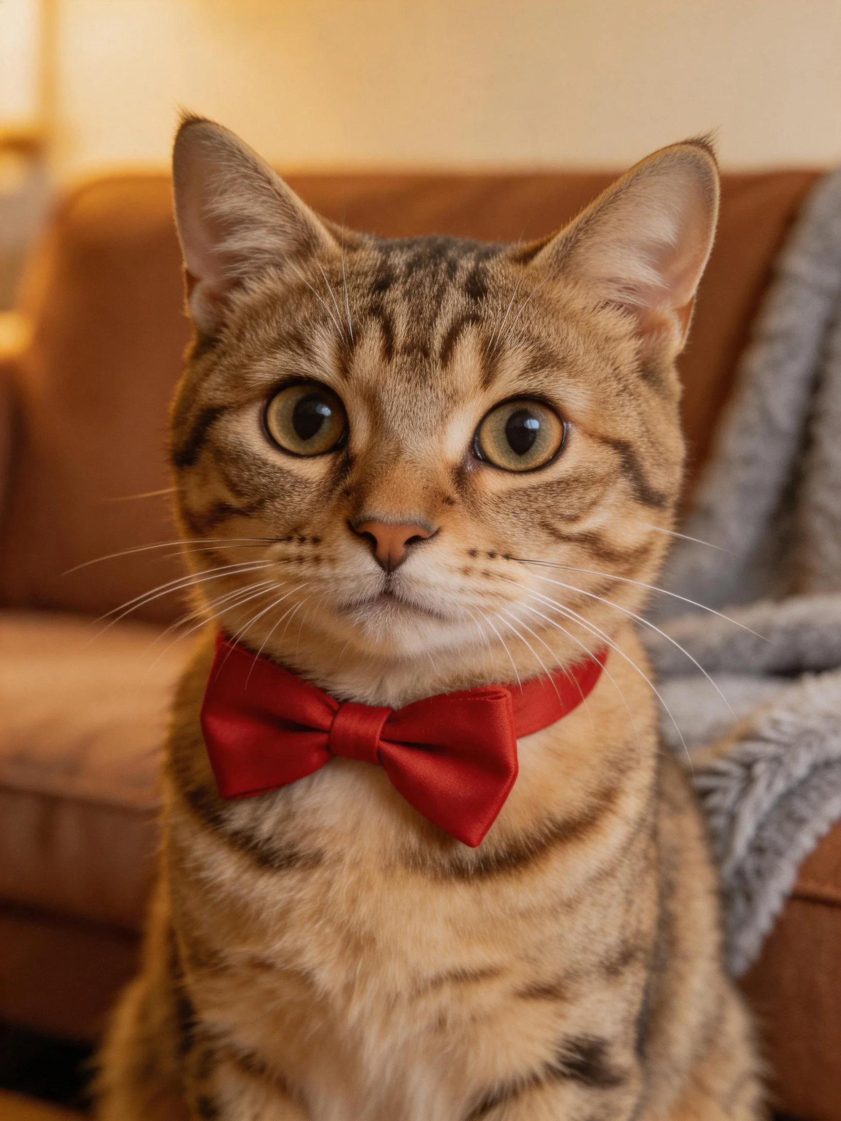 A tabby cat wearing a vibrant red bow tie beside a brown couch