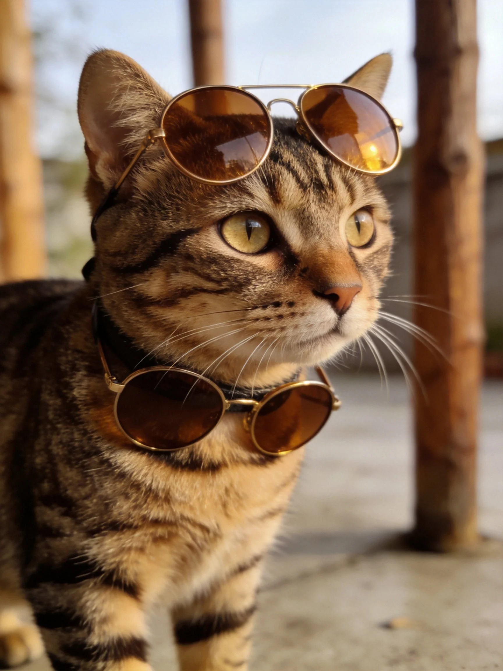 A tabby cat wearing two pairs of brown-tinted sunglasses outdoors