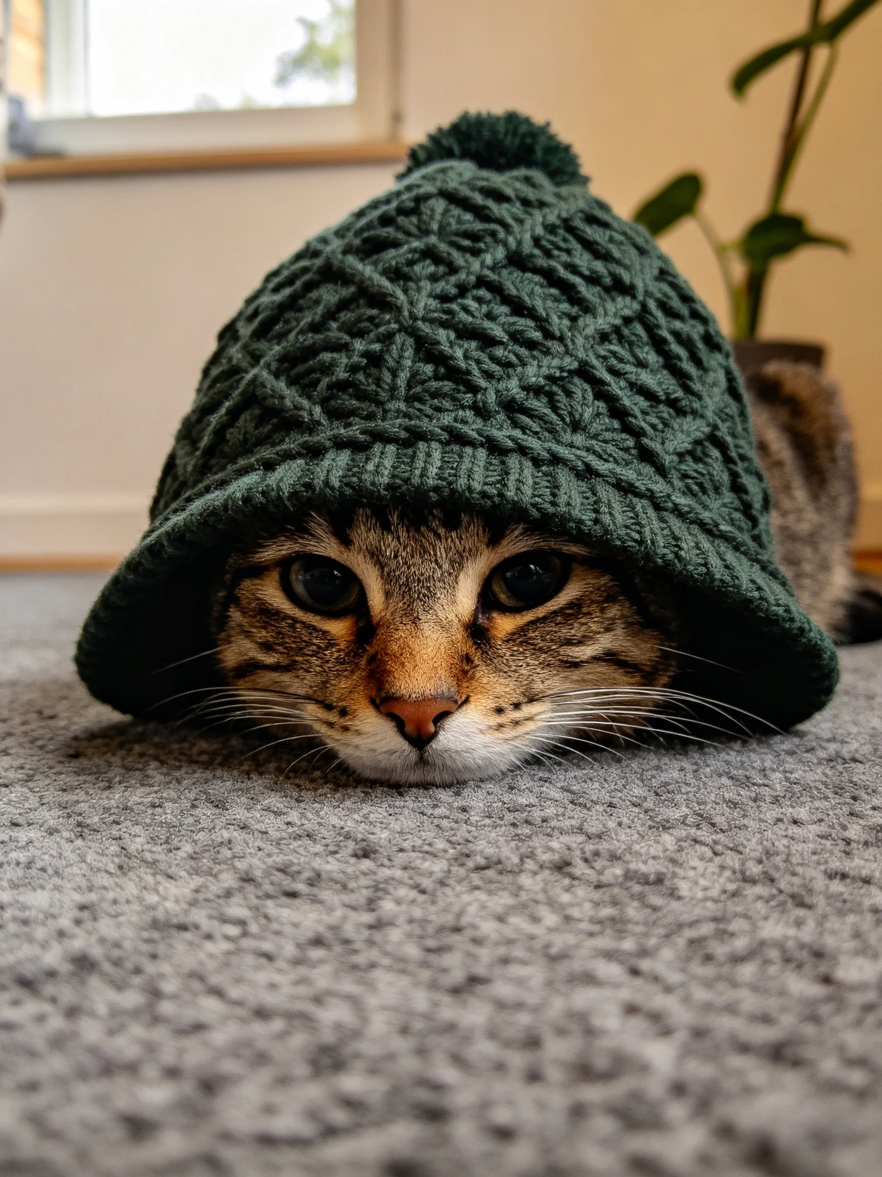 A tabby cat wears a dark green knitted hat on a gray carpet