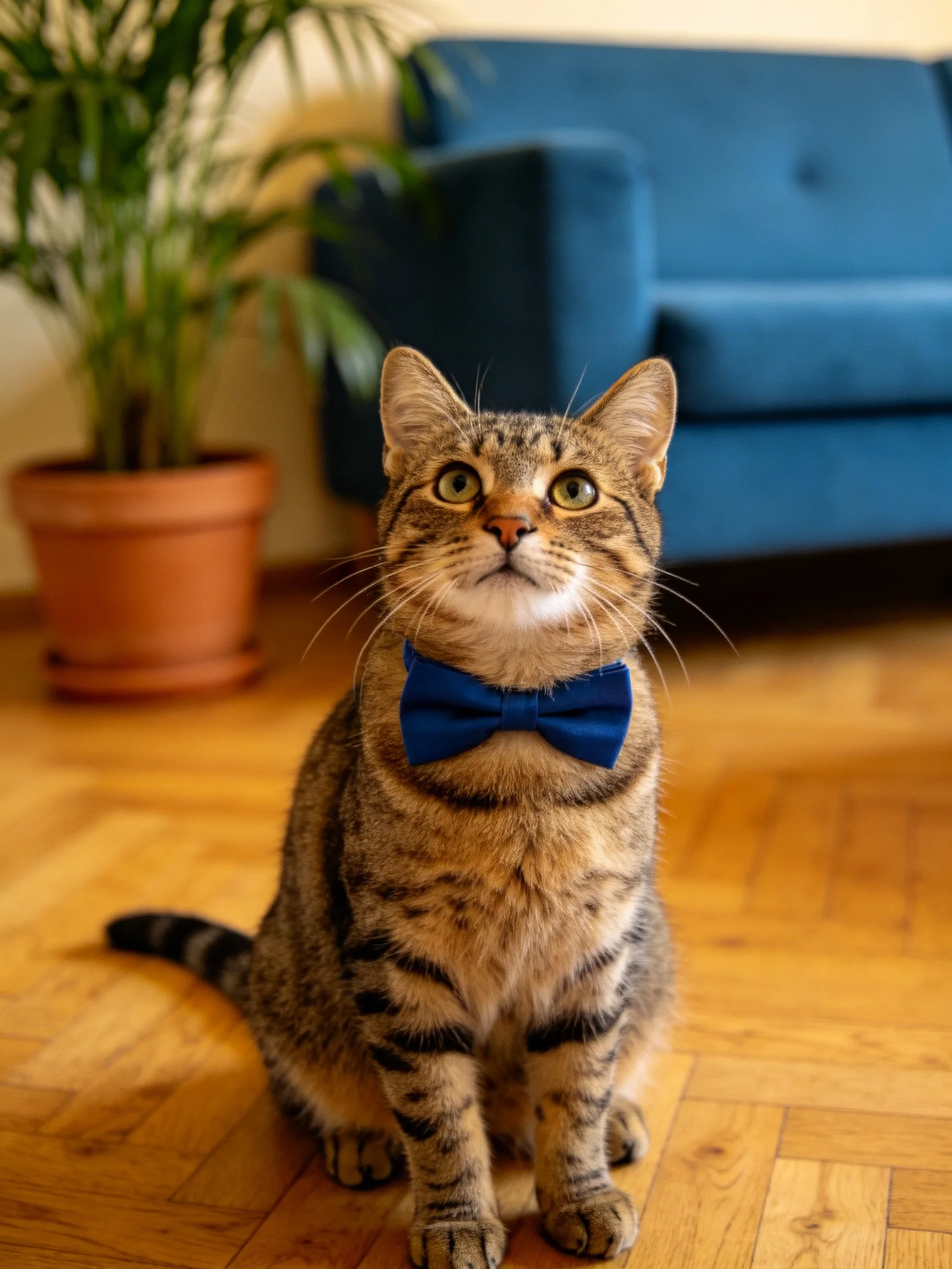 A tabby cat with a blue bow tie sits on a wooden floor near a blue sofa