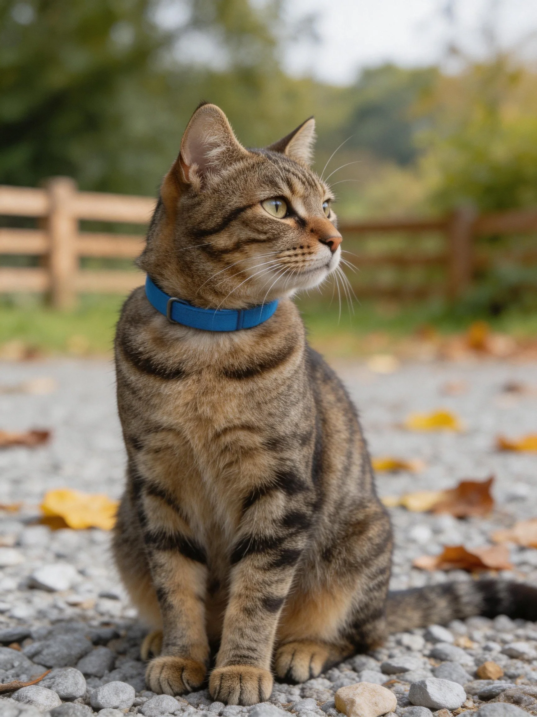 A tabby cat with a blue collar sits on gravel near a wooden fence