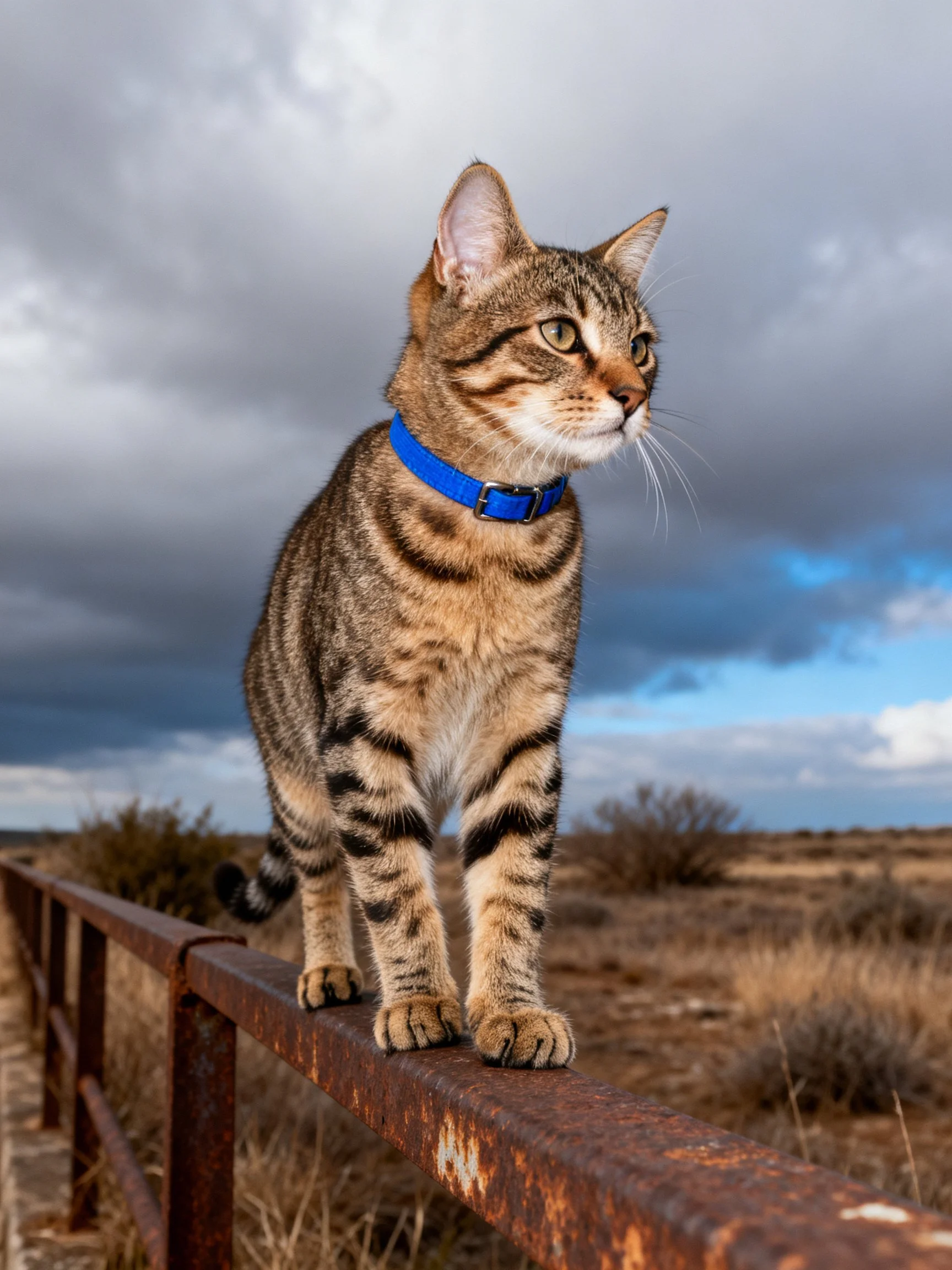 A tabby cat wearing a blue collar balances on a rusted metal railing beneath dark clouds