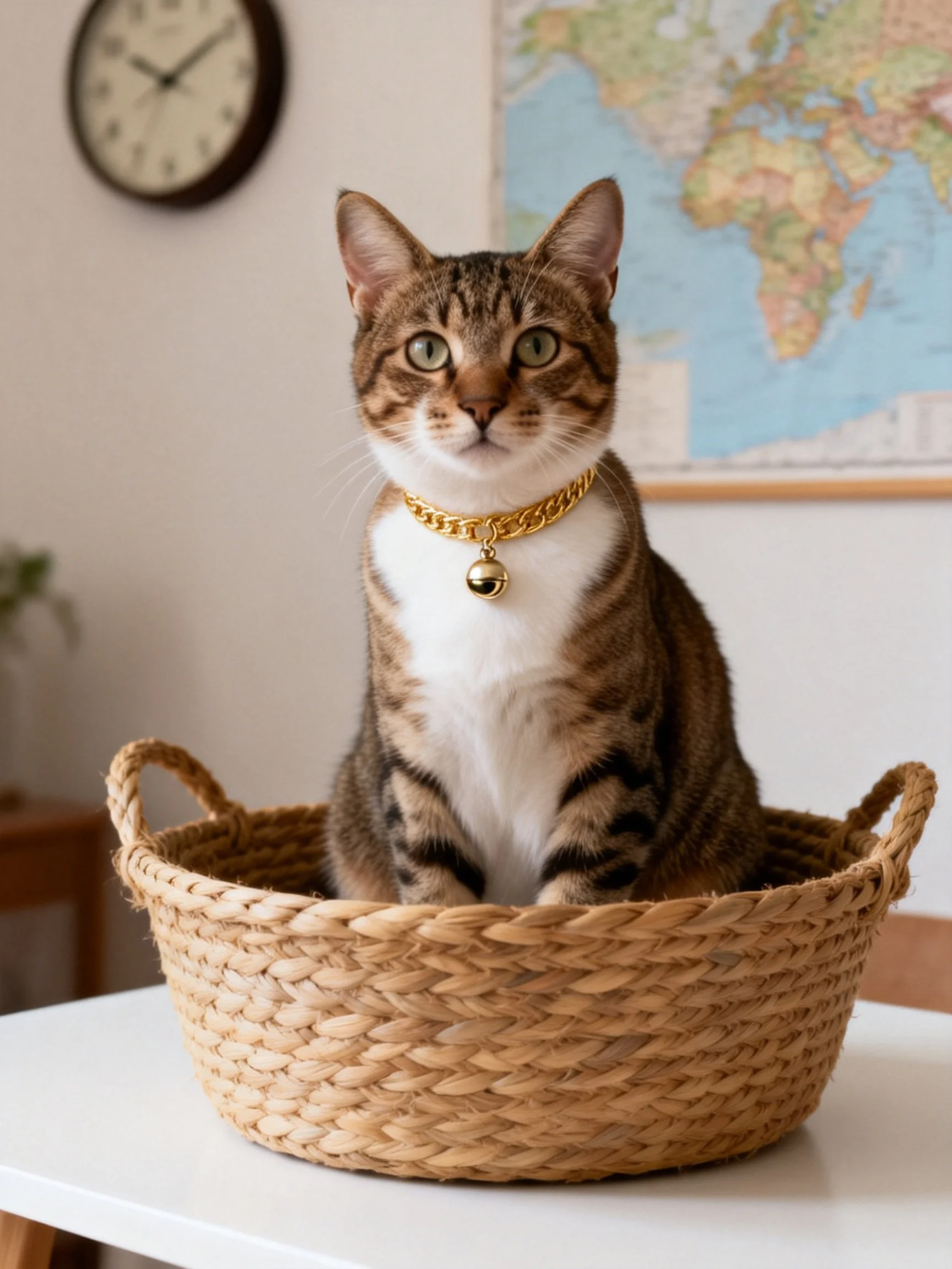 A tabby cat with a gold collar sits in a woven basket near a world map