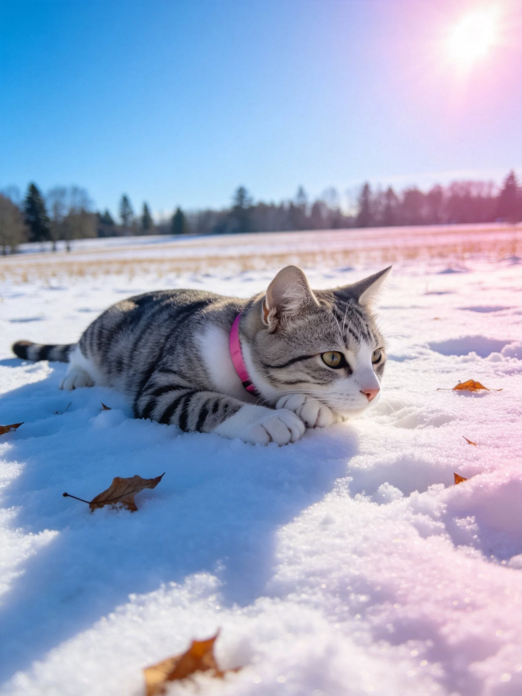 A tabby cat with a pink collar resting on snow