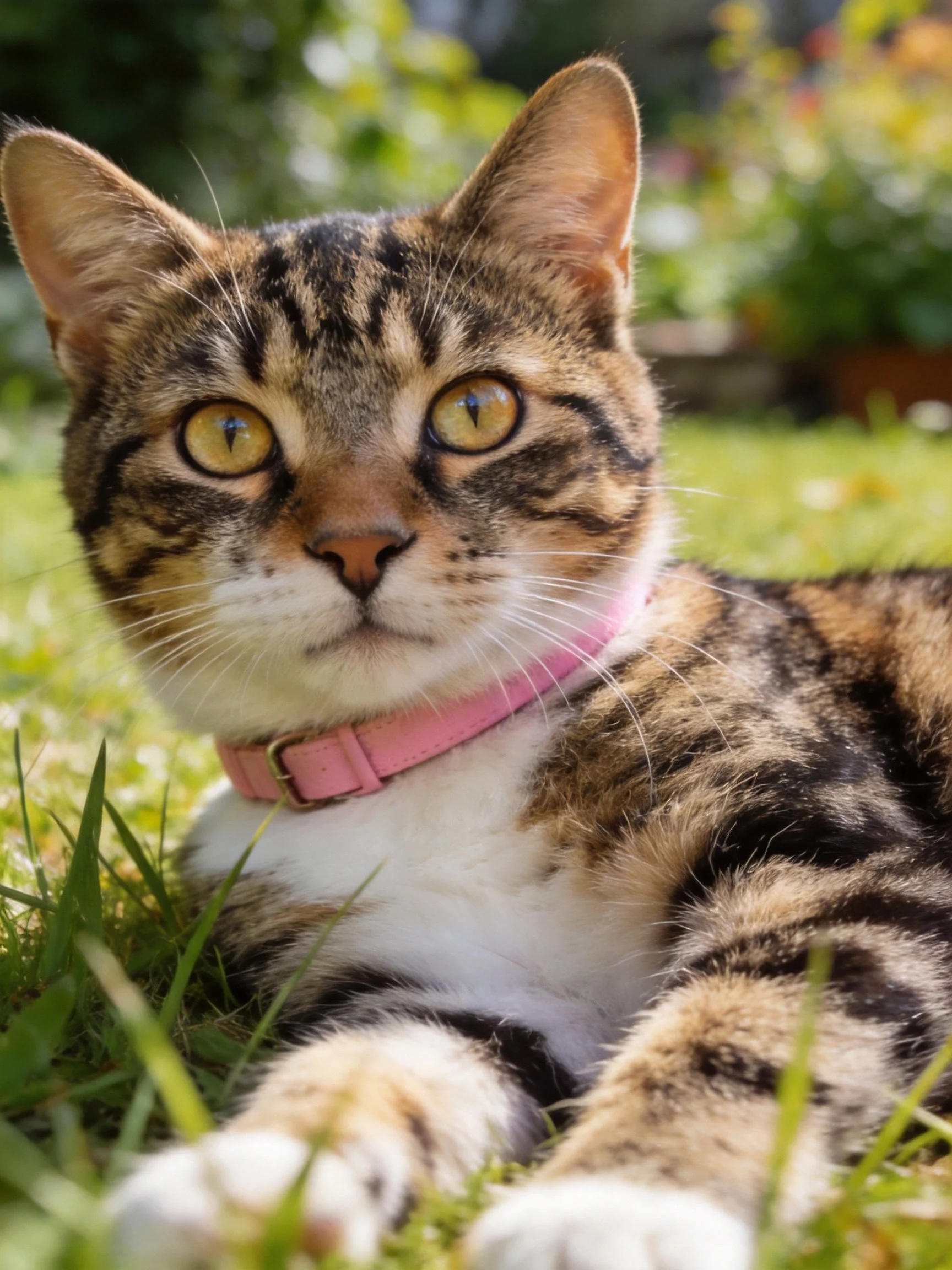A tabby cat with a pink collar rests on grass in a sunny garden