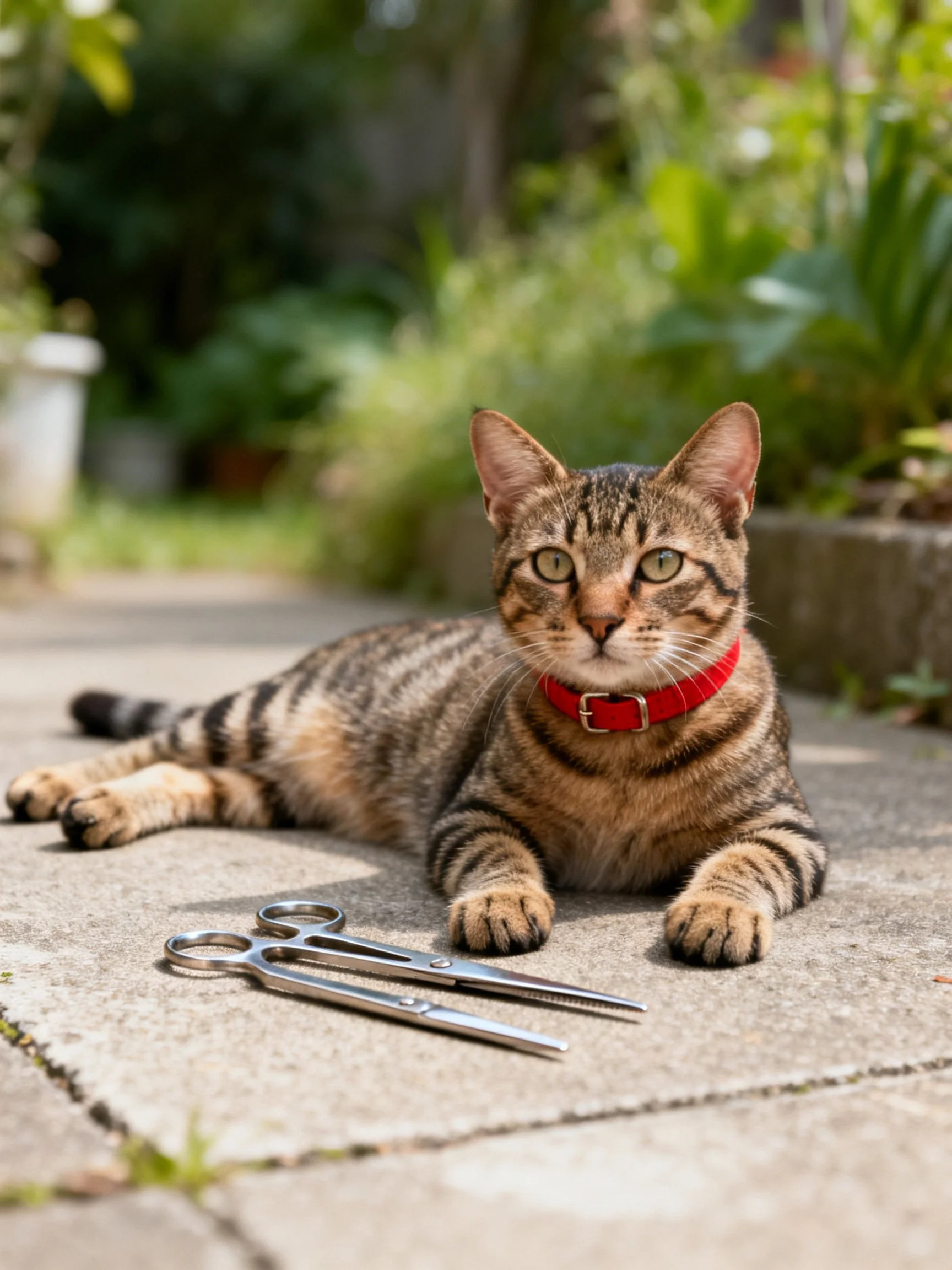 A tabby cat with a red collar lies near grooming scissors outdoors