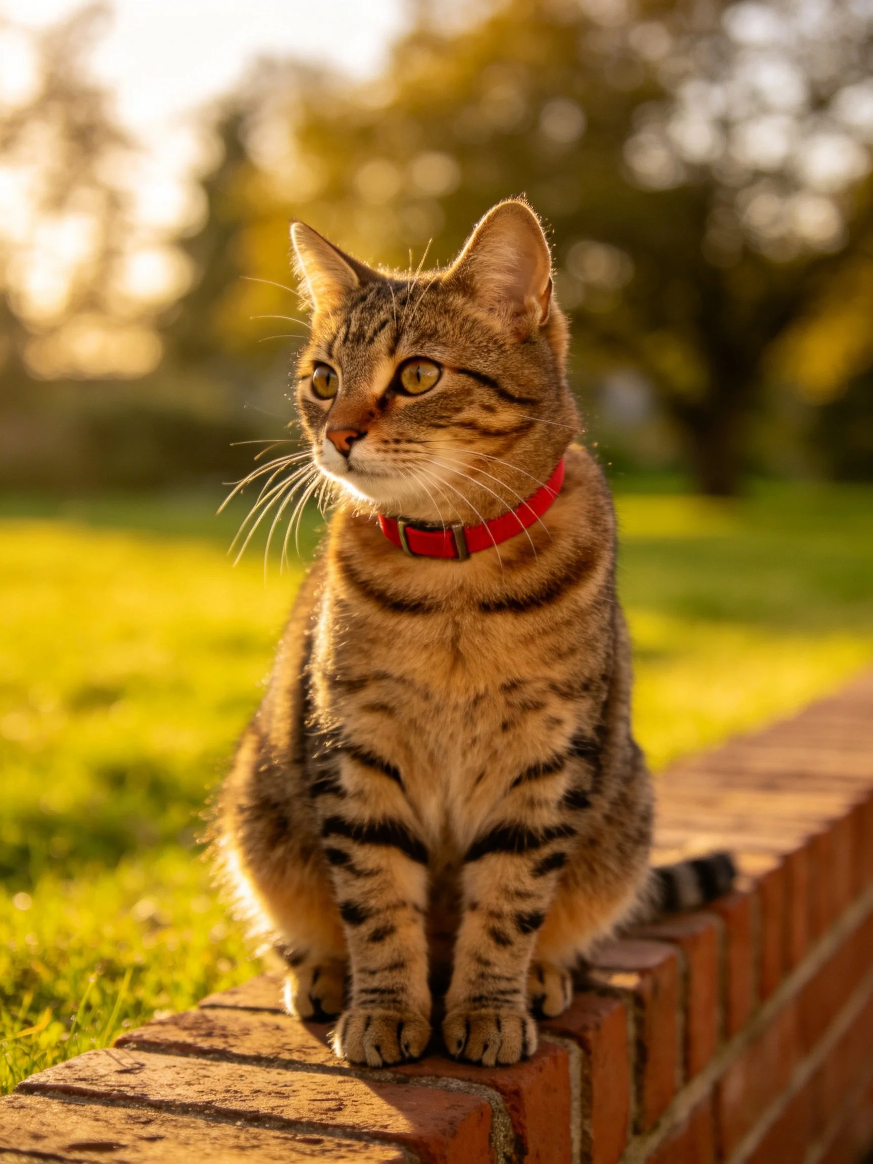 A tabby cat with a red collar sits on a brick ledge in golden light