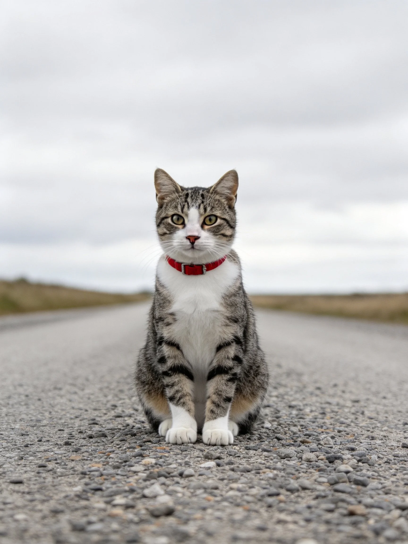 A tabby cat with a red collar sits on a gravel road