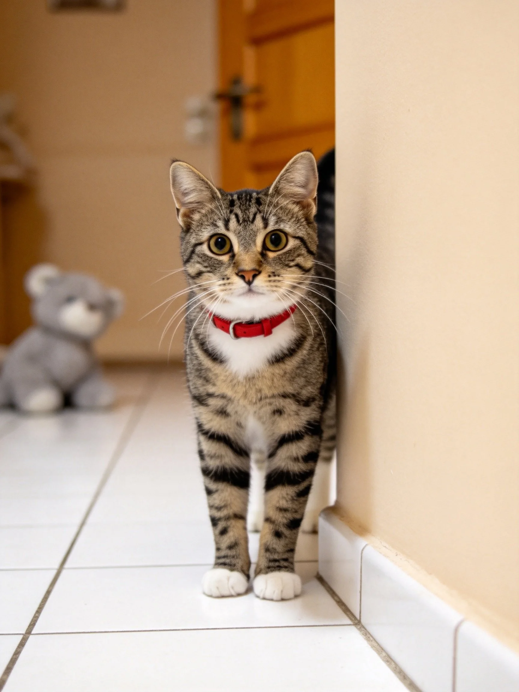 A tabby cat with a red collar stands near a wall, with a gray teddy bear nearby