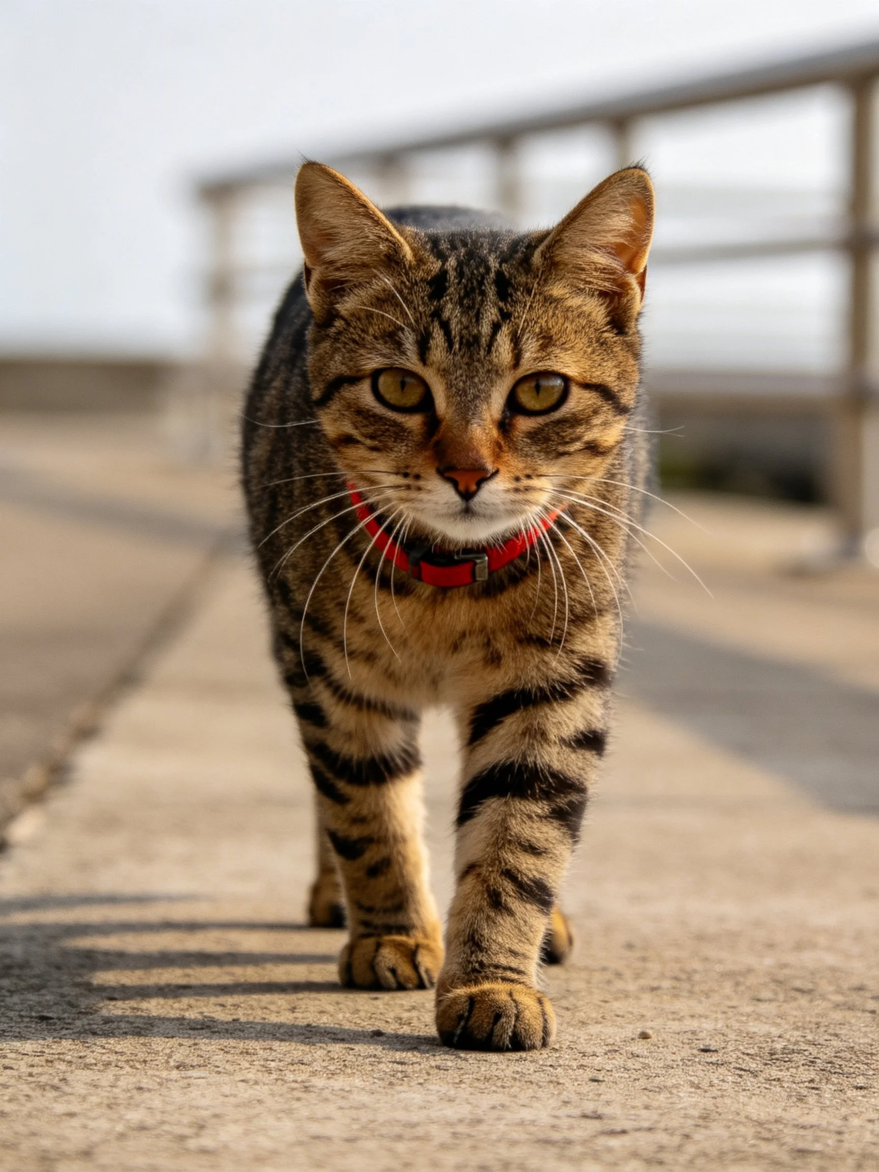 A tabby cat wearing a red collar moves forward on a concrete walkway.