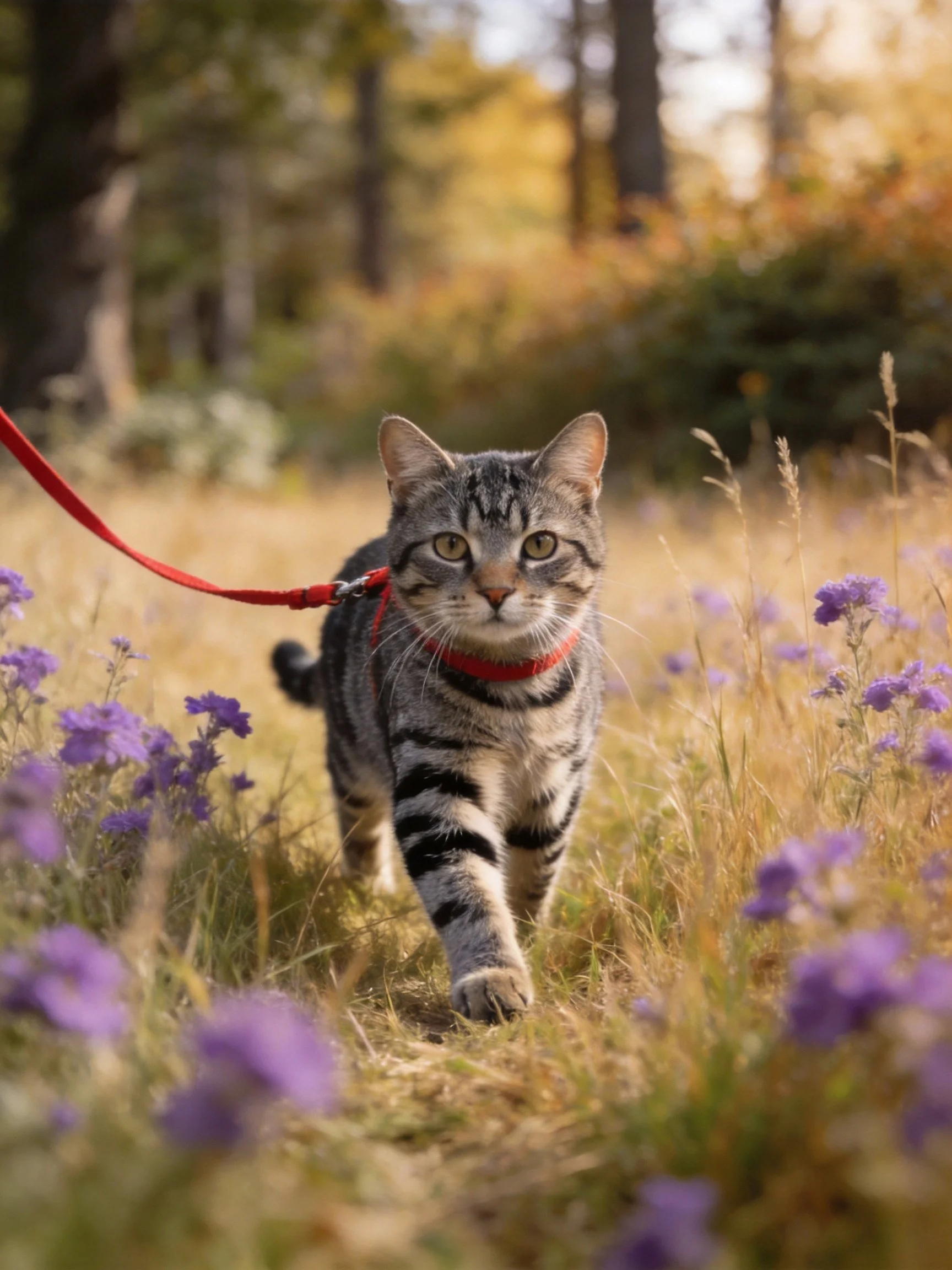 A tabby cat with a red leash walking through golden grass and purple flowers