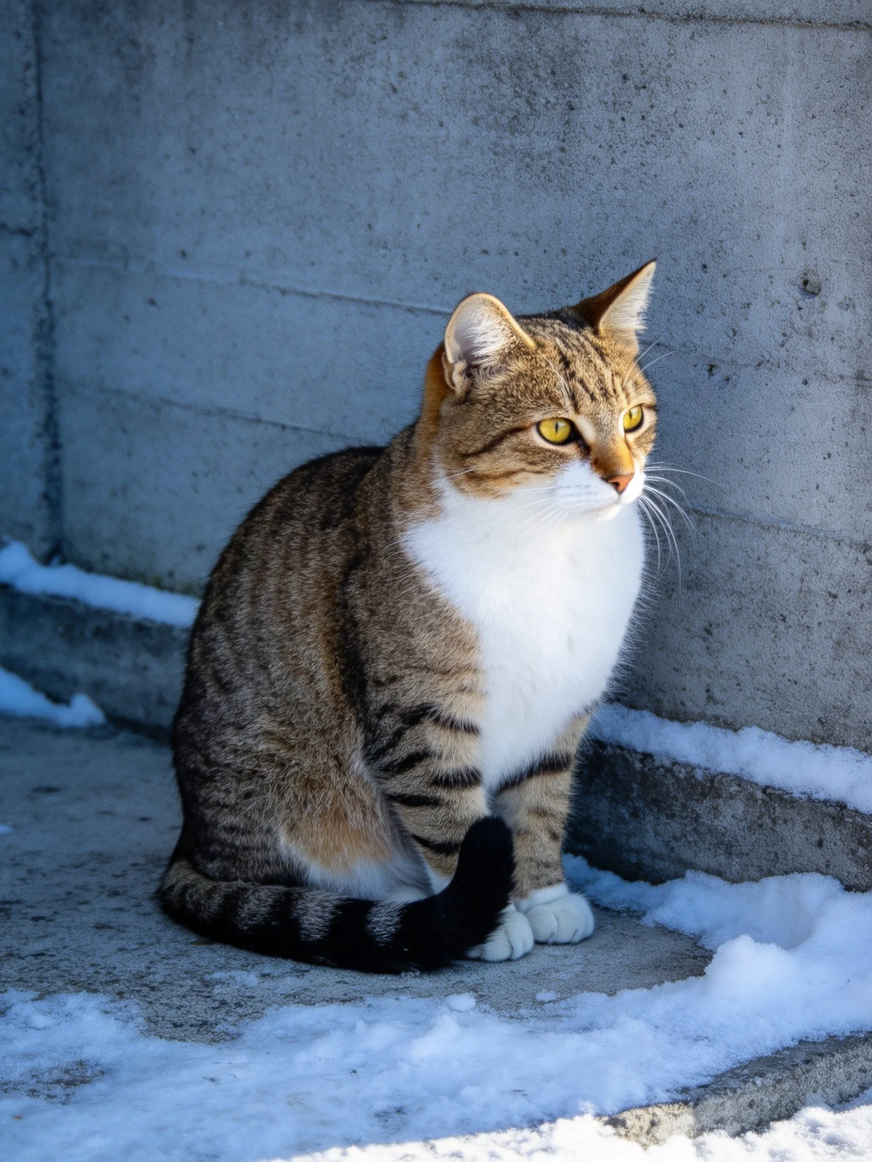 A tabby cat with a white chest sits by a concrete wall with snow patches