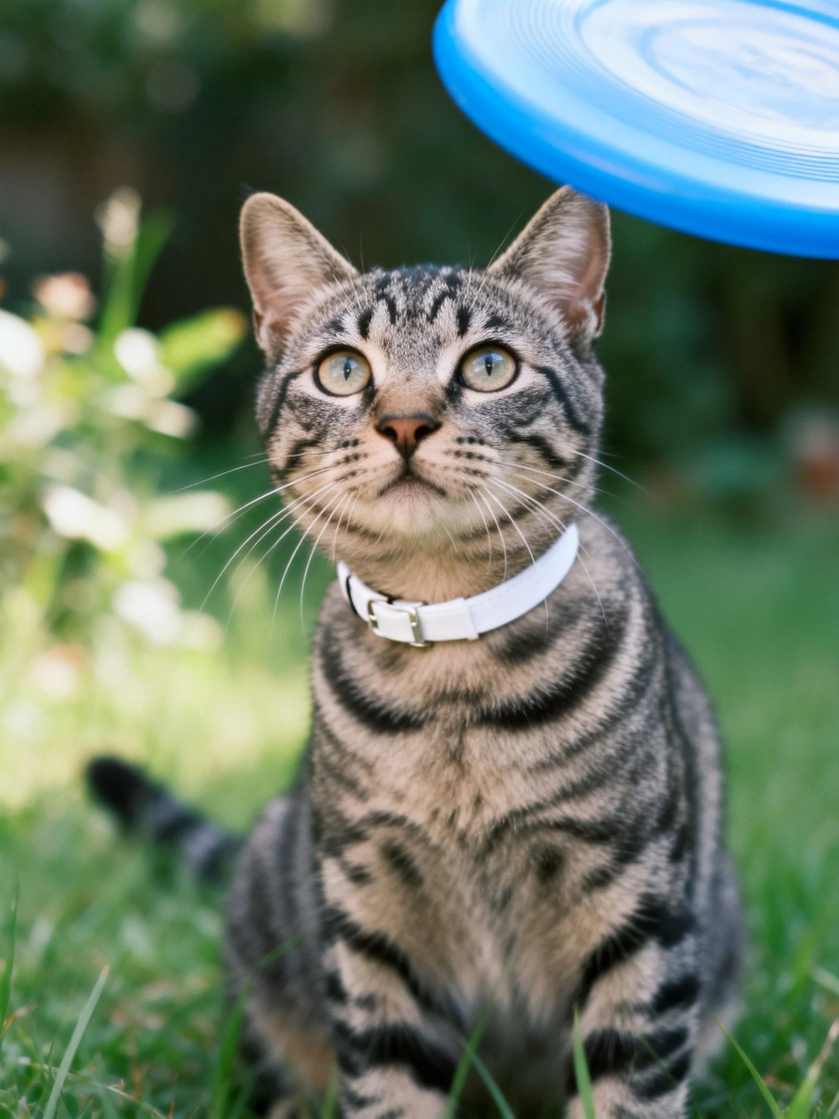 A tabby cat with a white collar observes a blue frisbee outdoors
