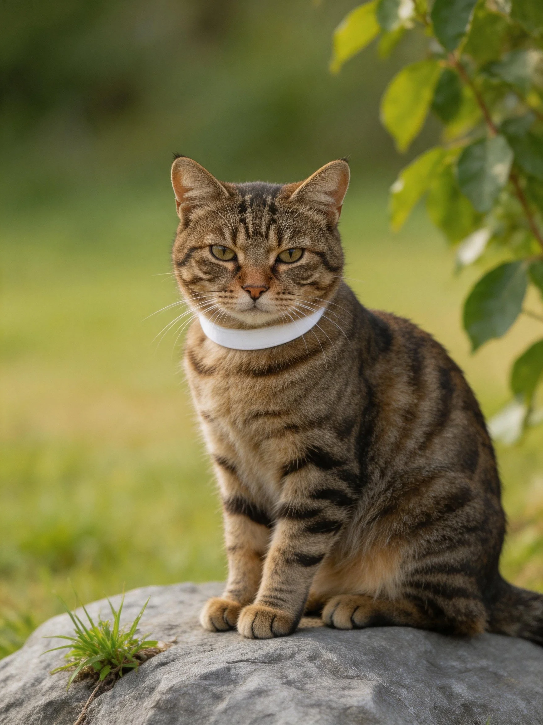 A tabby cat with a white collar sits on a gray rock near greenery