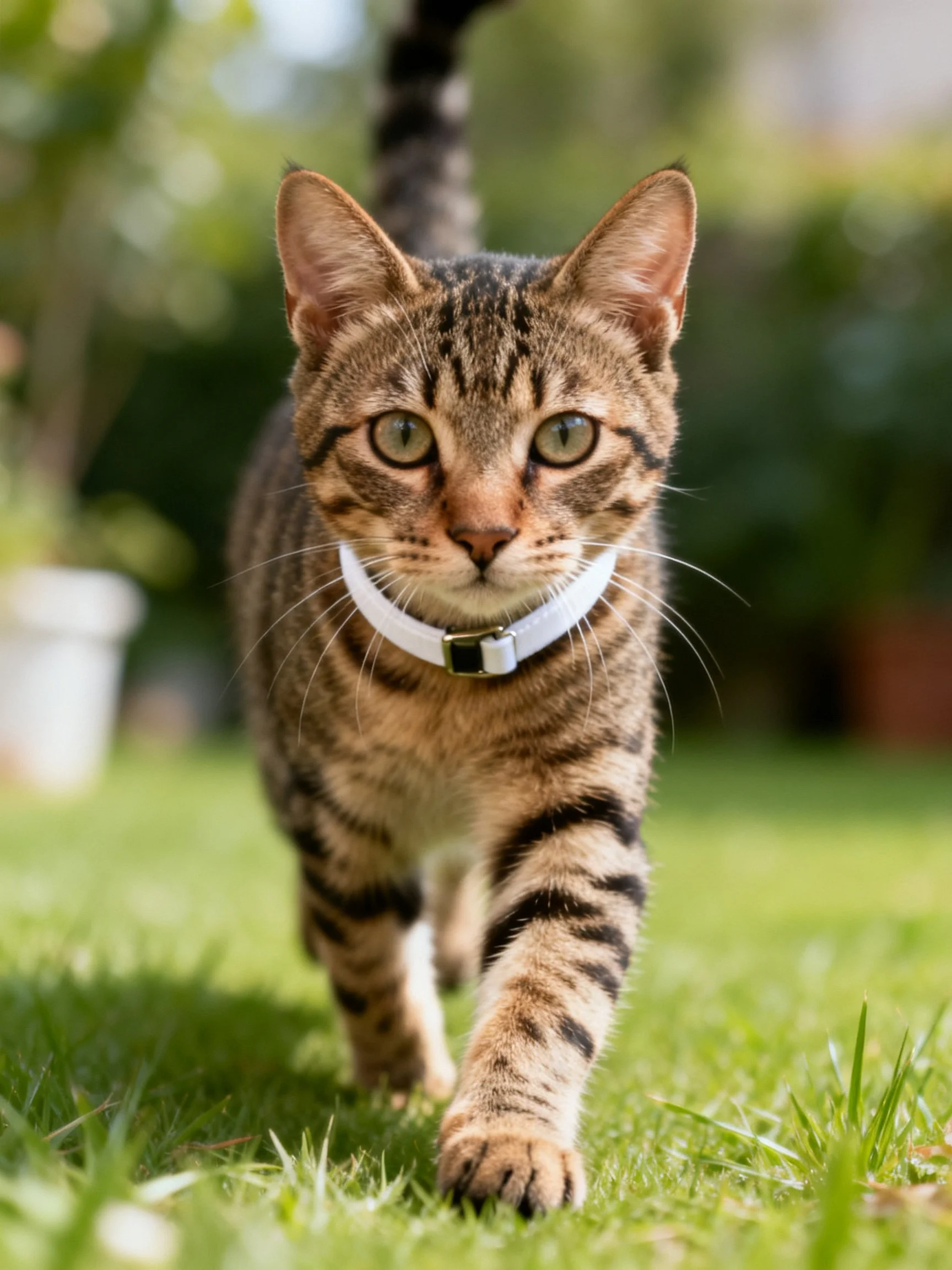 A tabby cat with a white collar walks on lush green grass