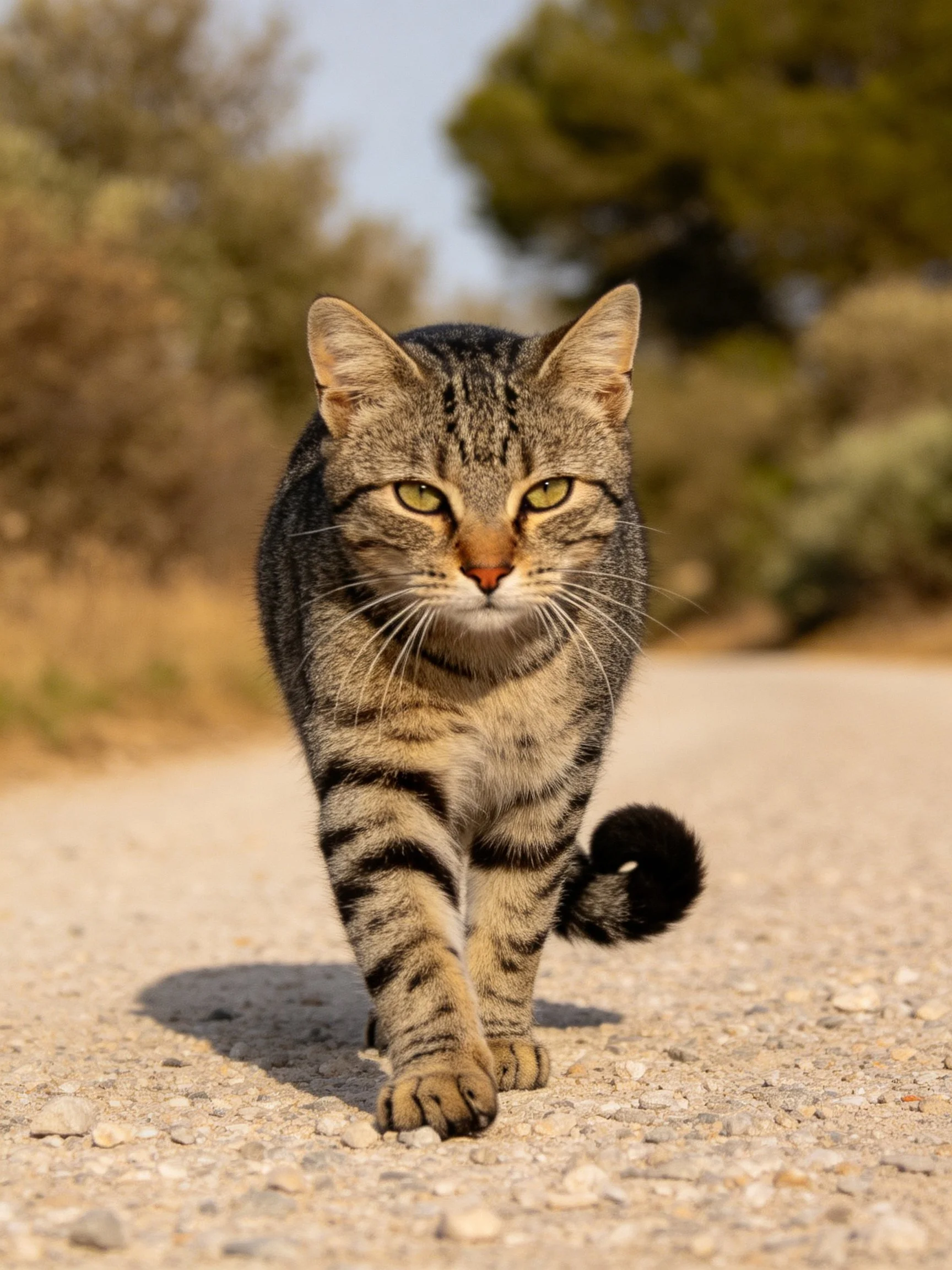 A tabby cat with black stripes walks on a gravel road near greenery