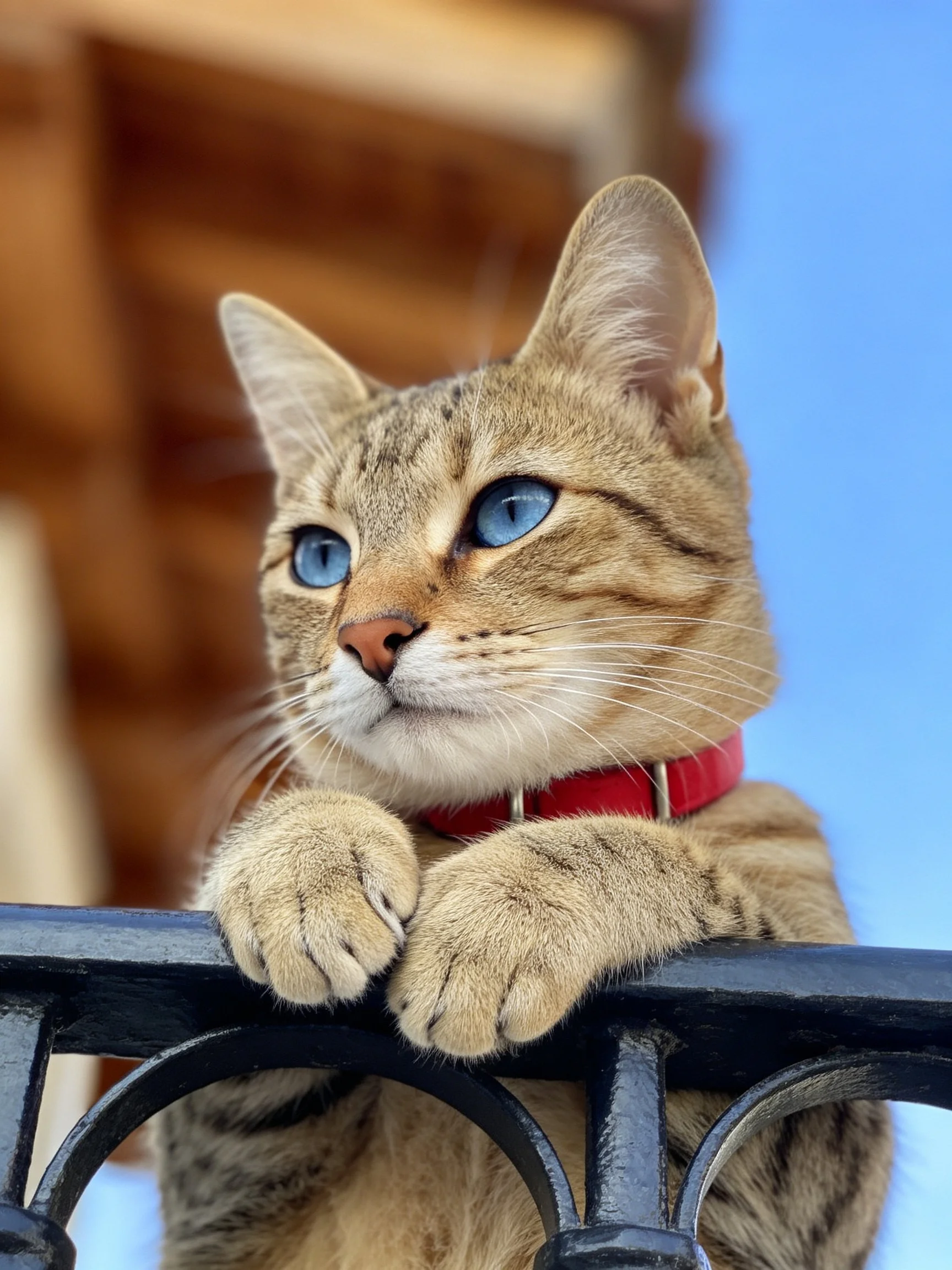 A tabby cat with blue eyes and red collar leans on a black fence