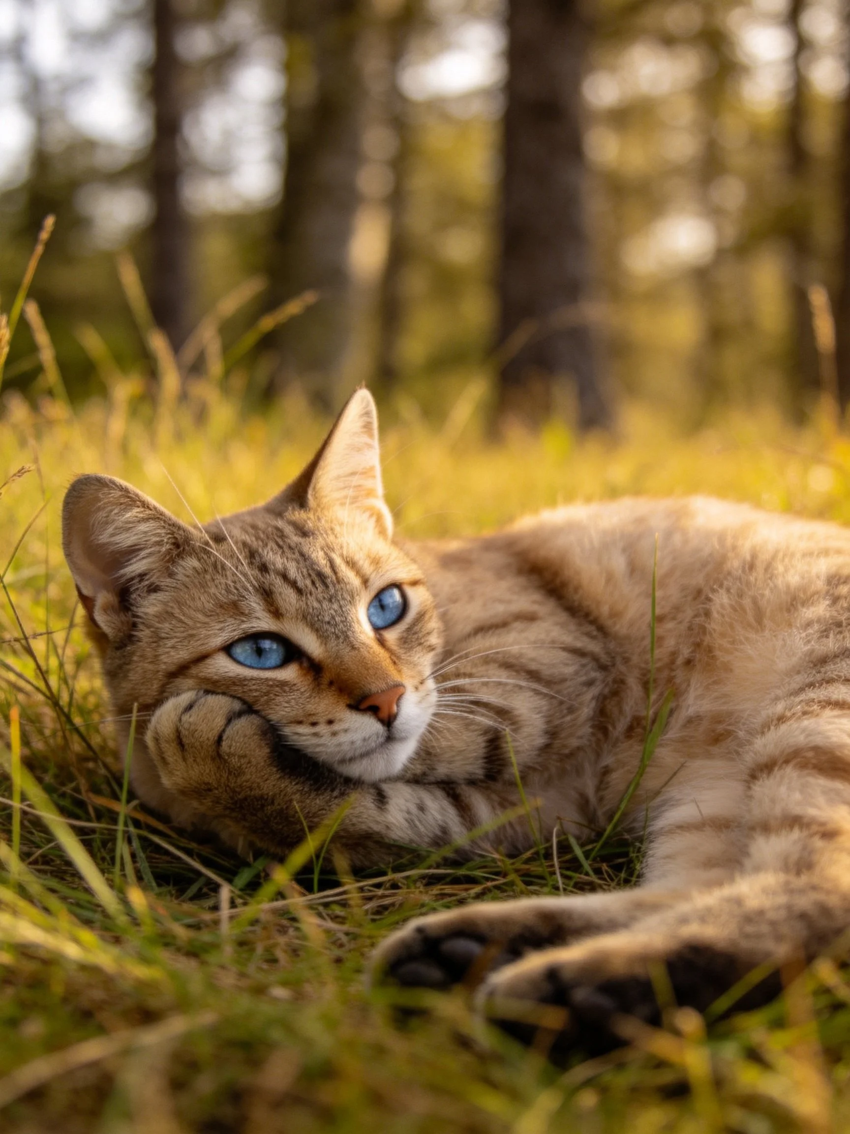 A tabby cat with blue eyes lounges on golden grass near trees