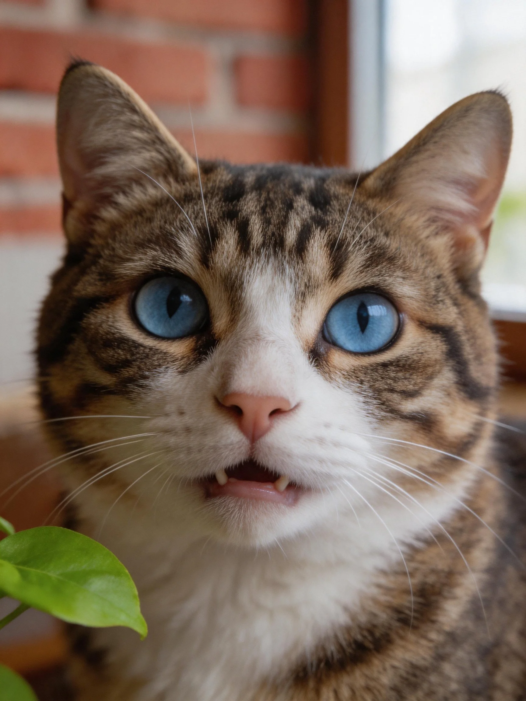 A tabby cat with blue eyes is near a brick wall and plant.