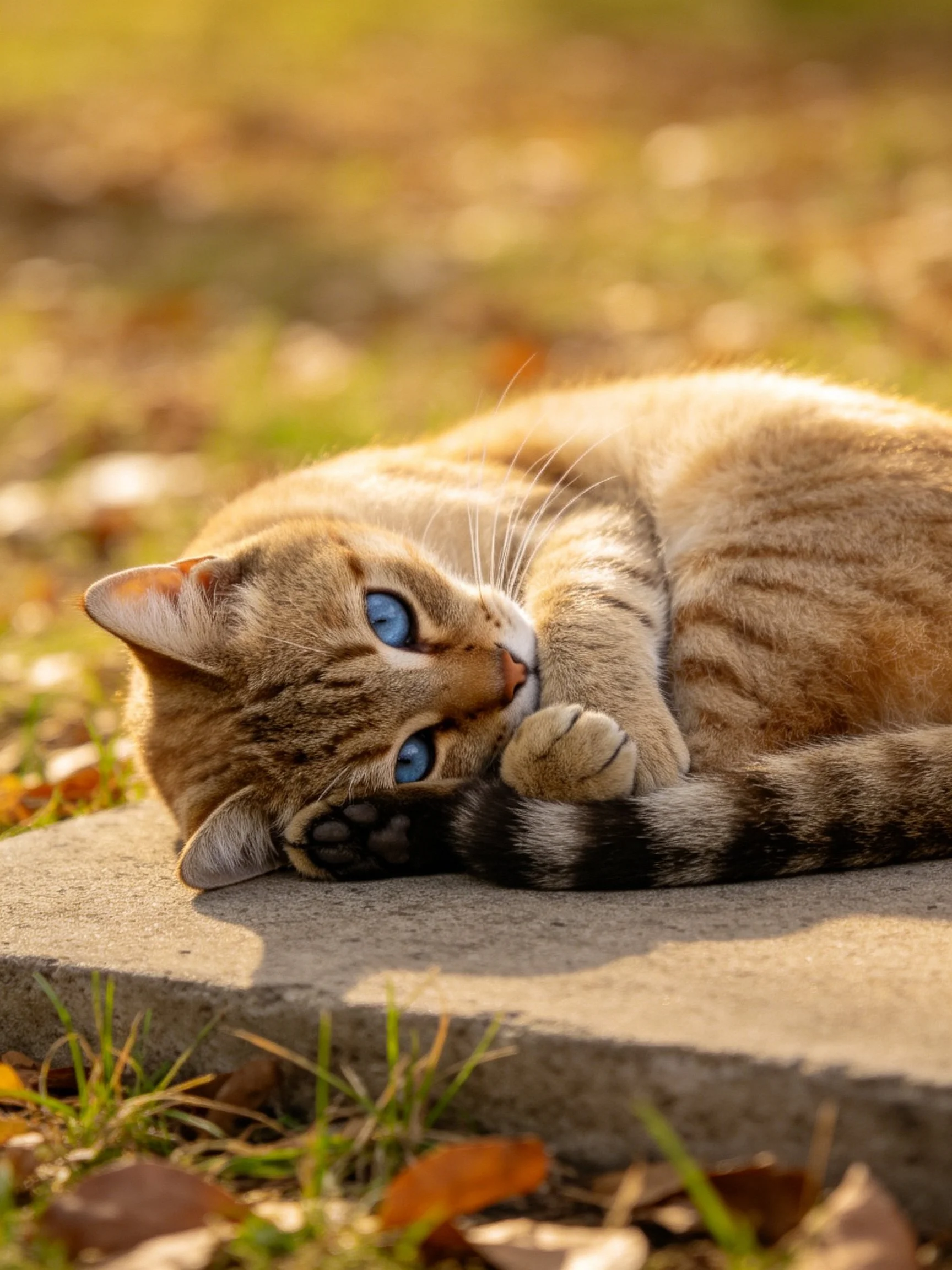 A tabby cat with blue eyes relaxes on a concrete slab in golden sunlight