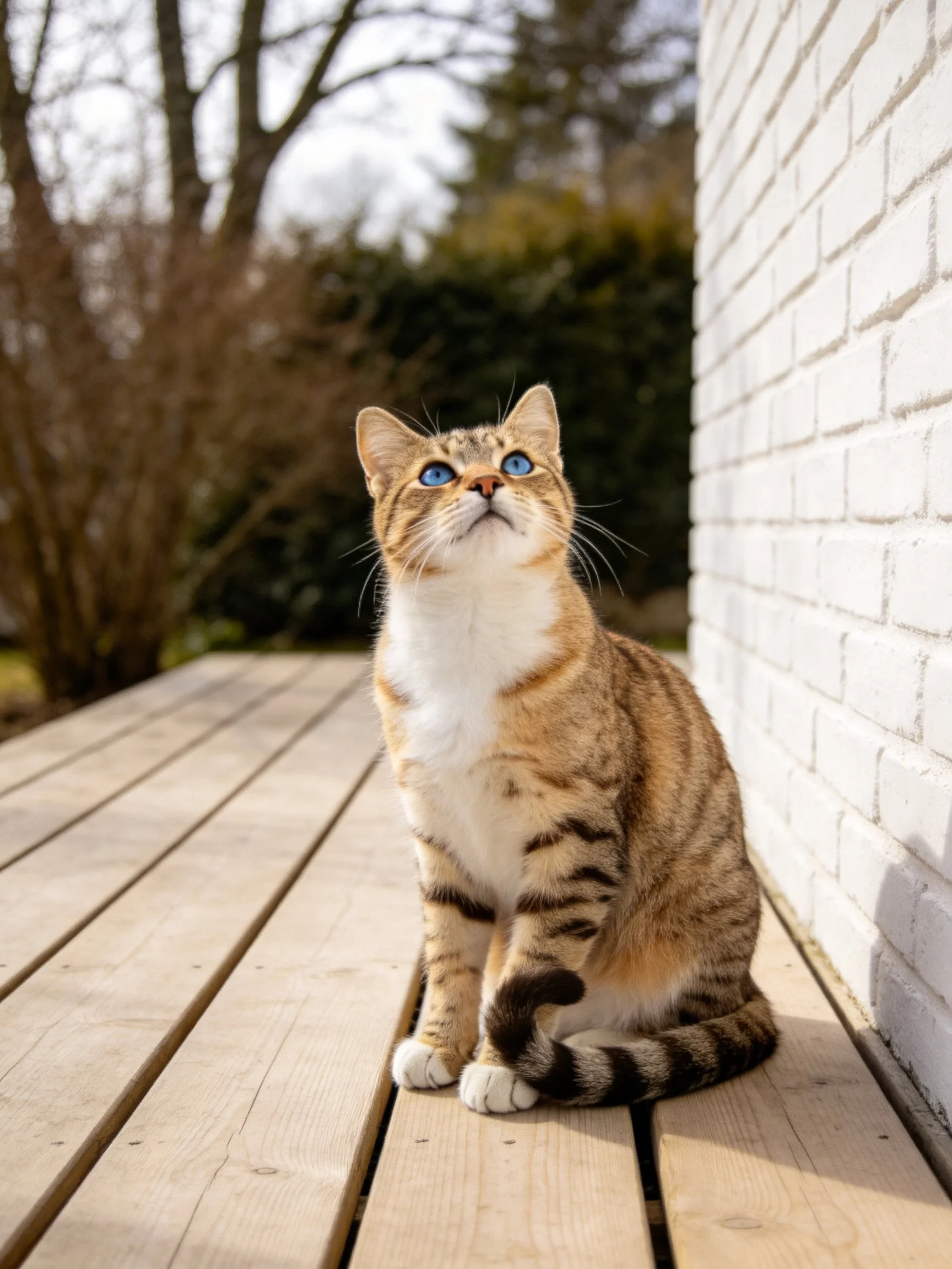 A tabby cat with blue eyes sits on a wooden deck next to a white brick wall outdoors.